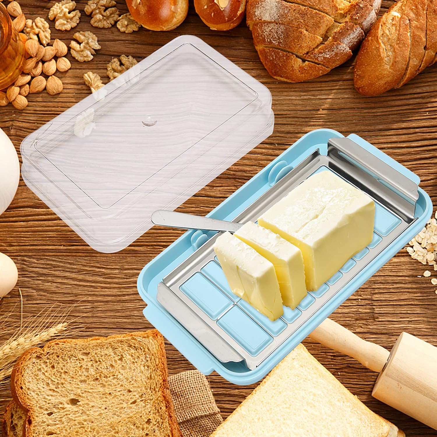 Caja cortadora de mantequilla de acero inoxidable, contenedor de almacenamiento de queso con cubierta transparente para conservador de mantequilla