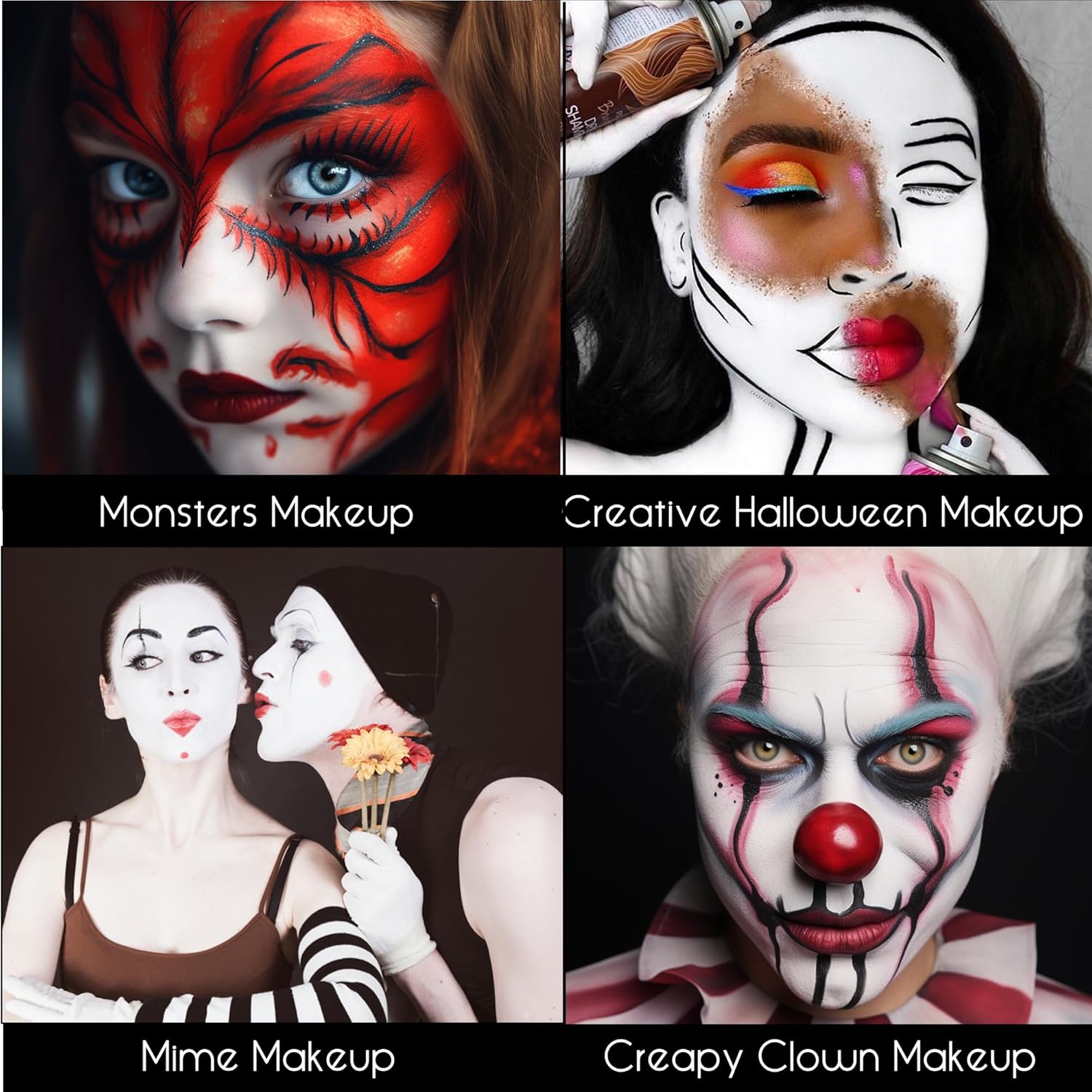 CCBeauty Kit de maquillaje de payaso de Halloween, barra de pintura corporal blanca negra y roja, maquillaje de base de esqueleto bromista, base de