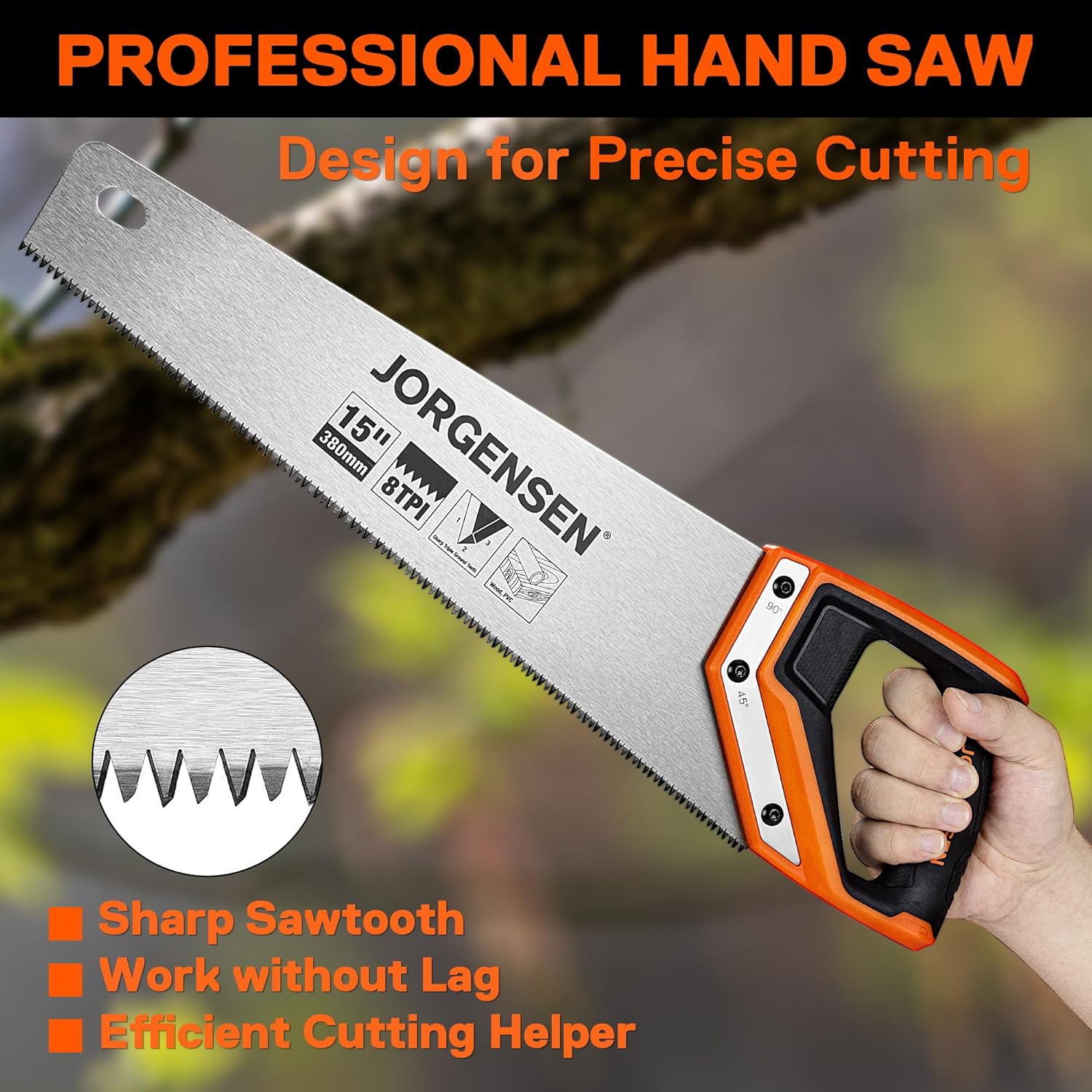 JORGENSEN – Sierra de mano profesional de 15 pulgadas, 8 TPI de corte fino ergonómico antideslizante de aluminio mango de soldadura ultrasónica para