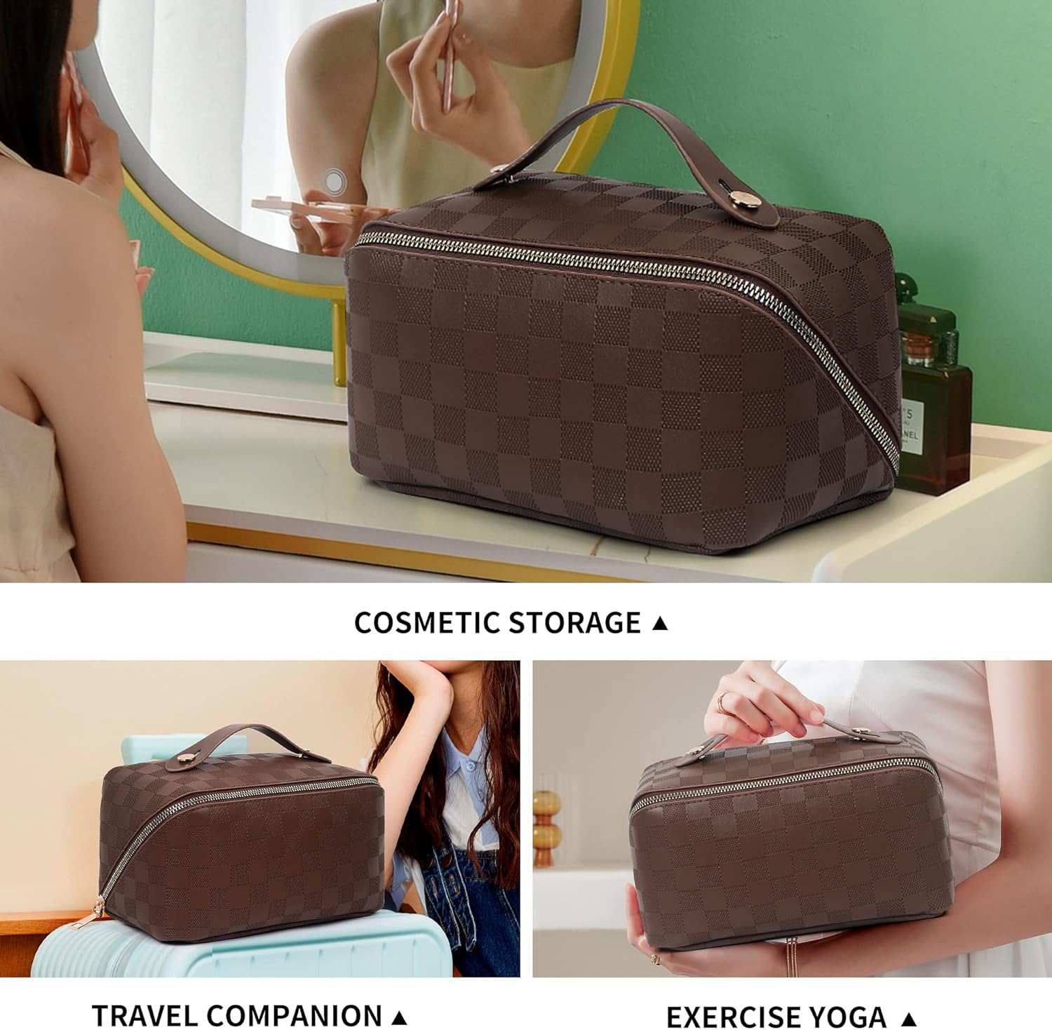 Bolsa de maquillaje grande, bolsa de cosméticos de doble capa, bolsa de maquillaje de viaje, bolsa de maquillaje de cuero, bolsas de viaje para