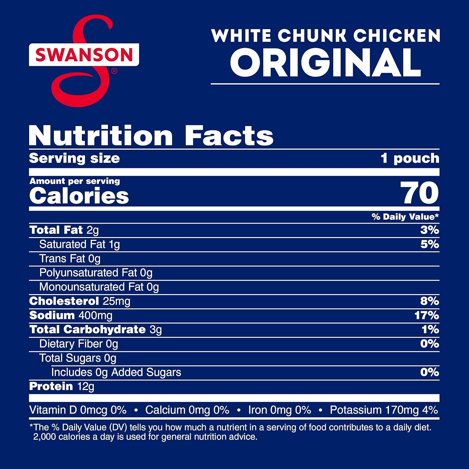 Swanson Original White Chunk – Pollo completamente cocido, listo para comer, comidas simples sobre la marcha, bolsa de 2.6 onzas (caja de 12)