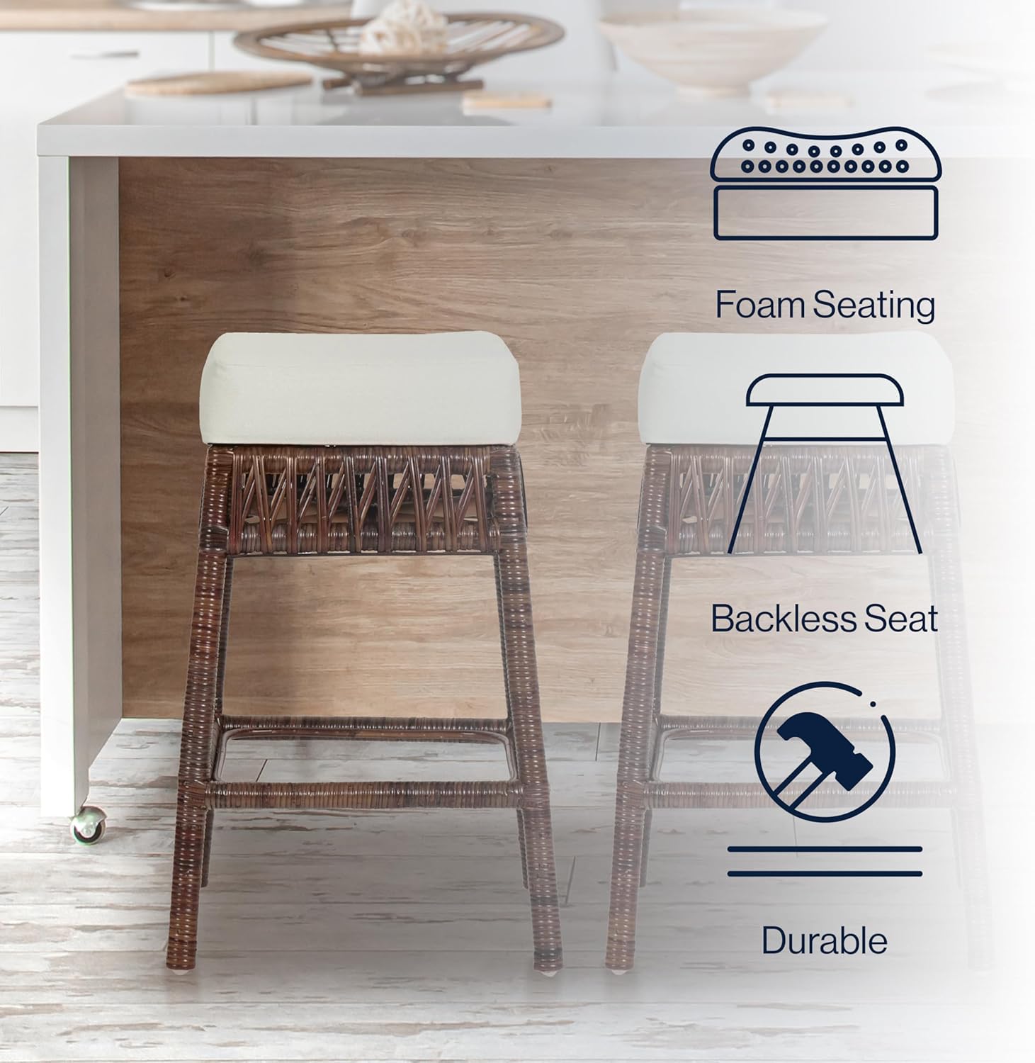 JONATHAN Y CSL1100A Bali – Taburete de mimbre sin espalda de 25.5 pulgadas para el hogar, cocina, comedor, espacios de trabajo, cafeterías y