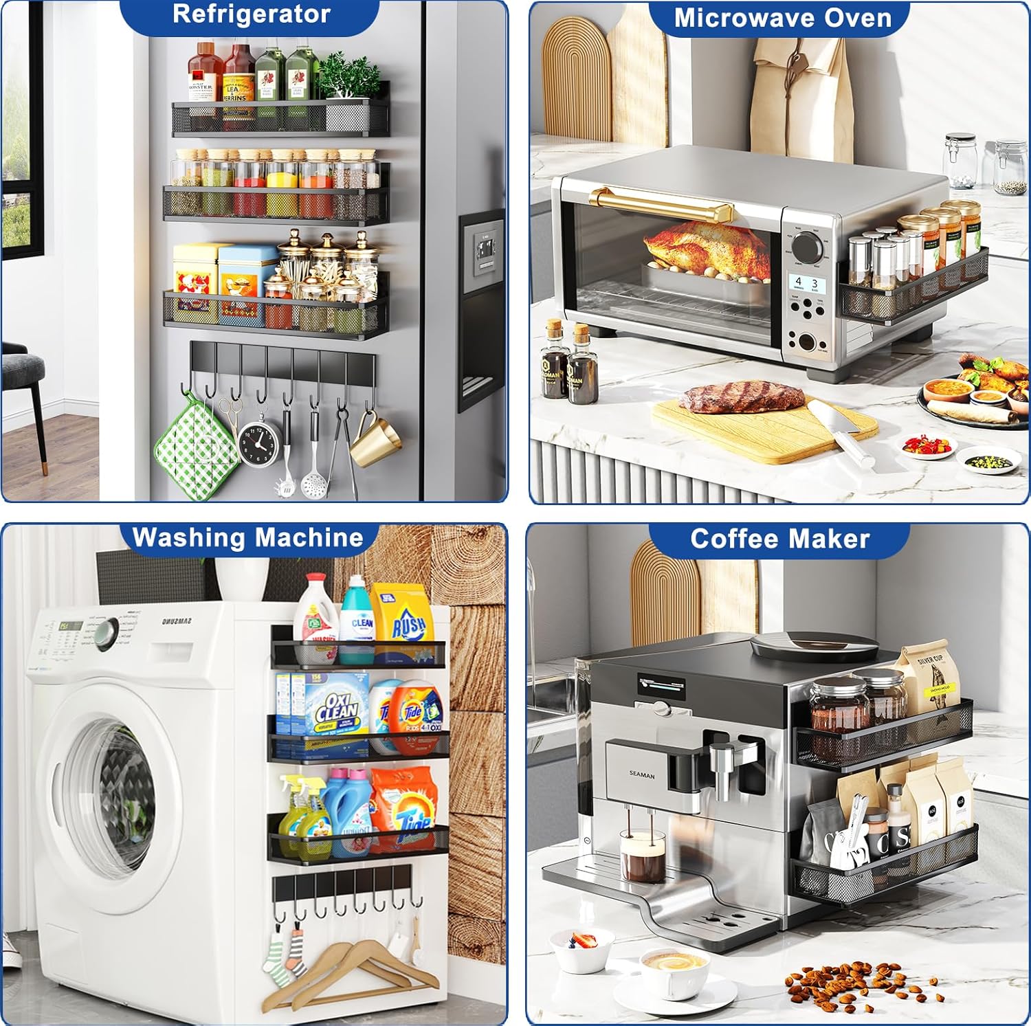 Miyawell Estante magnético para especias para refrigerador, paquete de 4 estantes magnéticos, estantes magnéticos para organización y almacenamiento