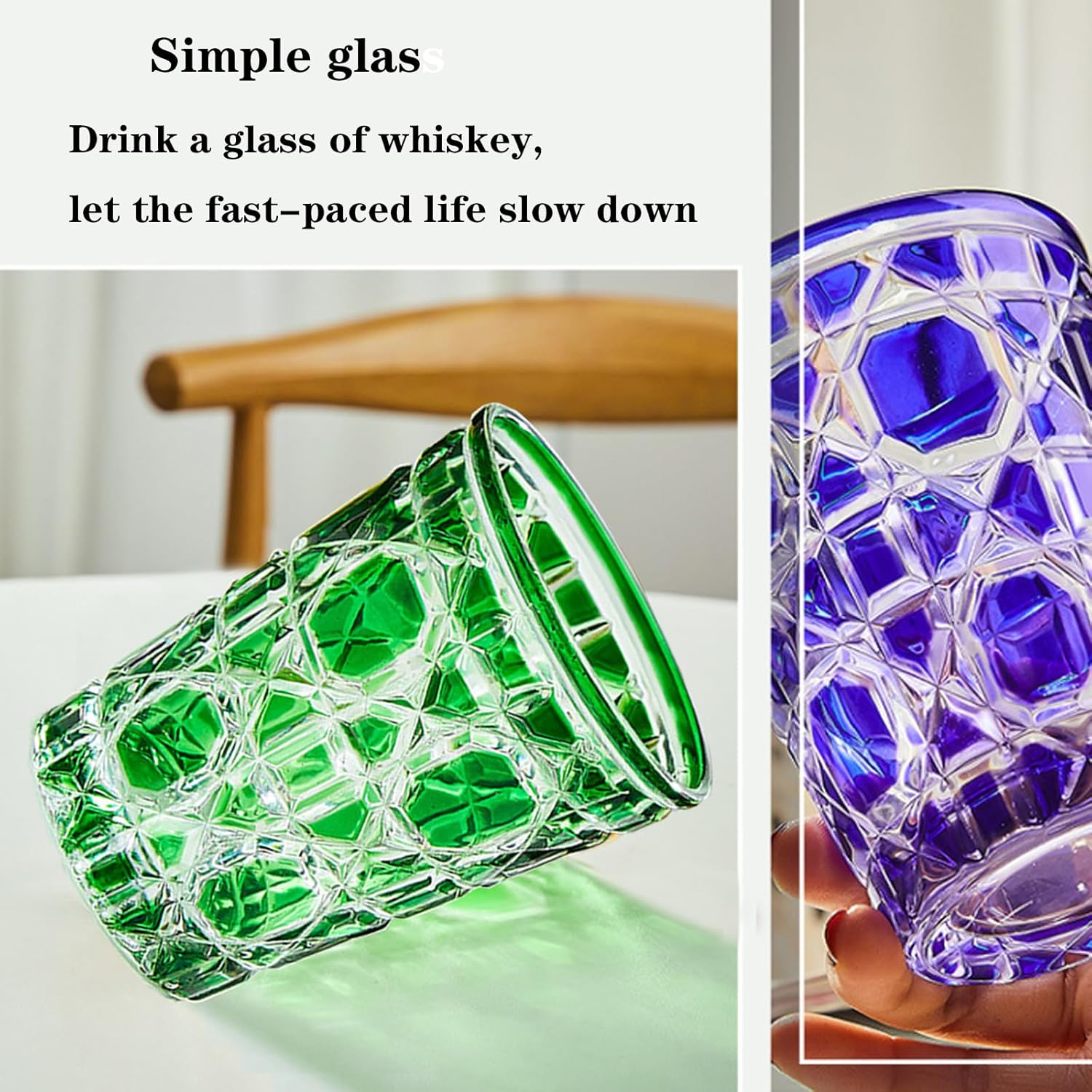 Juego de vasos de whisky coloridos, vasos de bebida de 10.4 onzas, vasos de agua, 2 vasos de bar a cuadros dimensionales, juego moderno de vasos de
