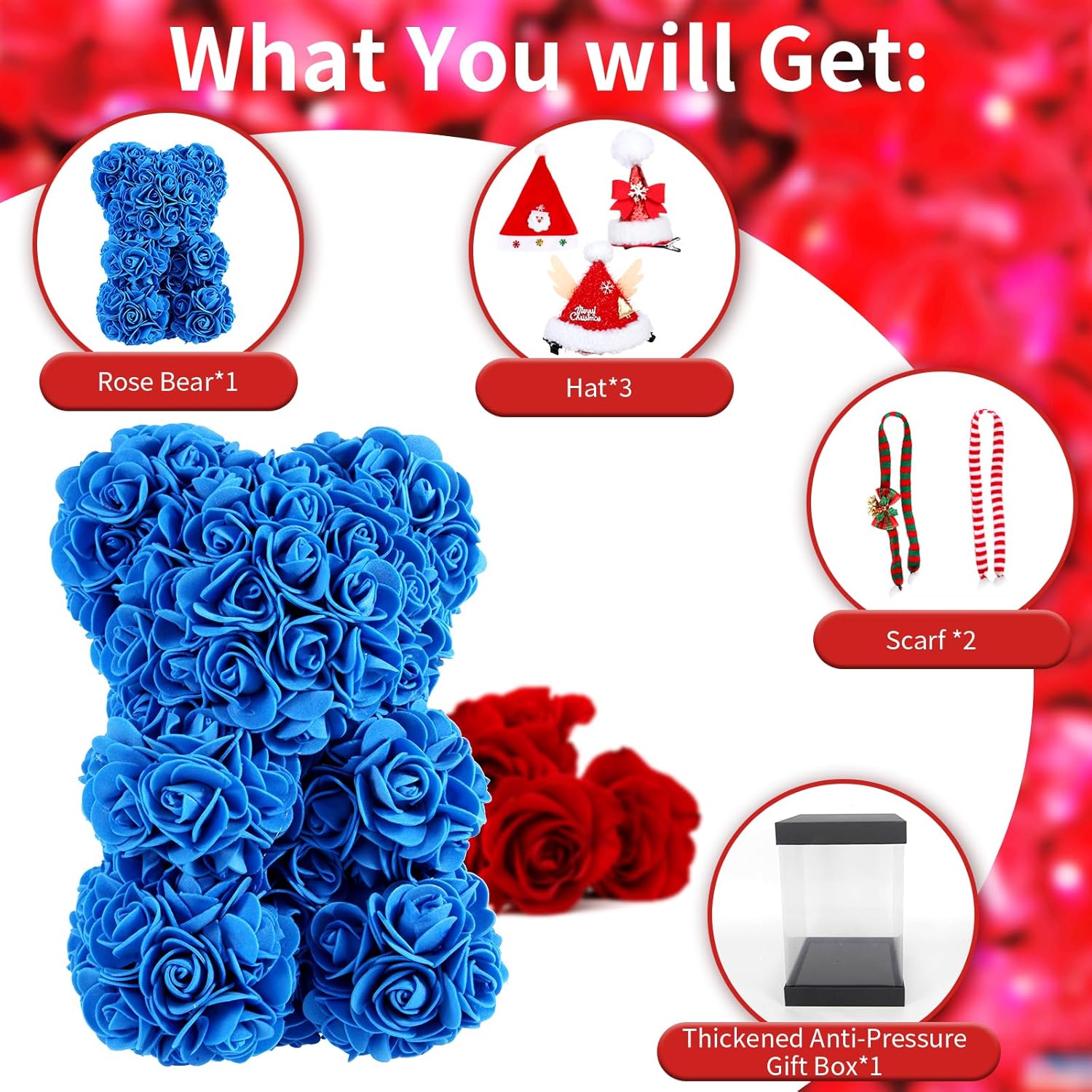 CODE FLORIST Oso de rosas, juego de disfraces con 3 sombreros y 2 bufandas, oso de peluche de flores artificiales, regalo de Navidad, regalo del día
