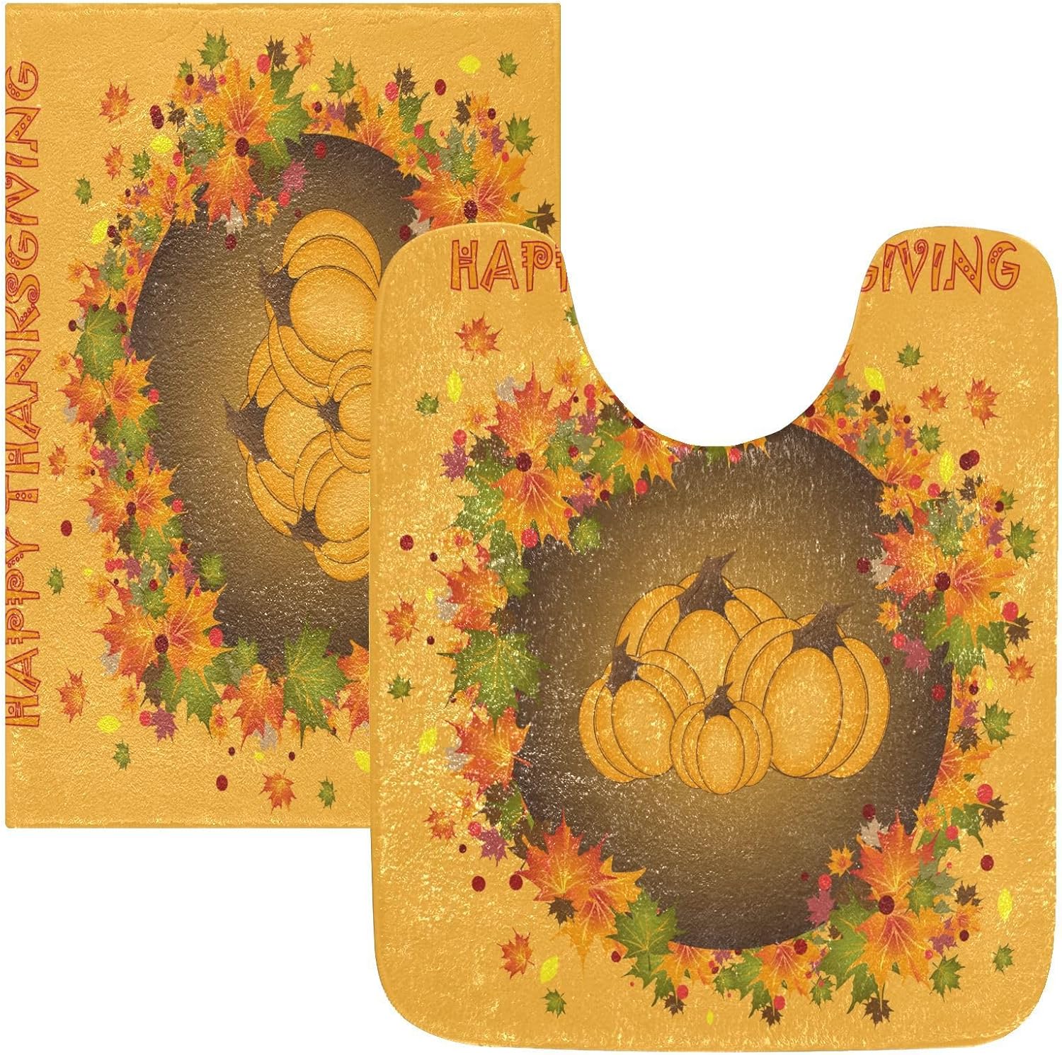 Bathroom Rugs Sets 2 Piece 24×16+24×20 Inch,Soft U-Shaped Contour Toilet Rug Happy Thanksgiving Non-Slip Absorbent Bath Floor Mat Carpet Set Water