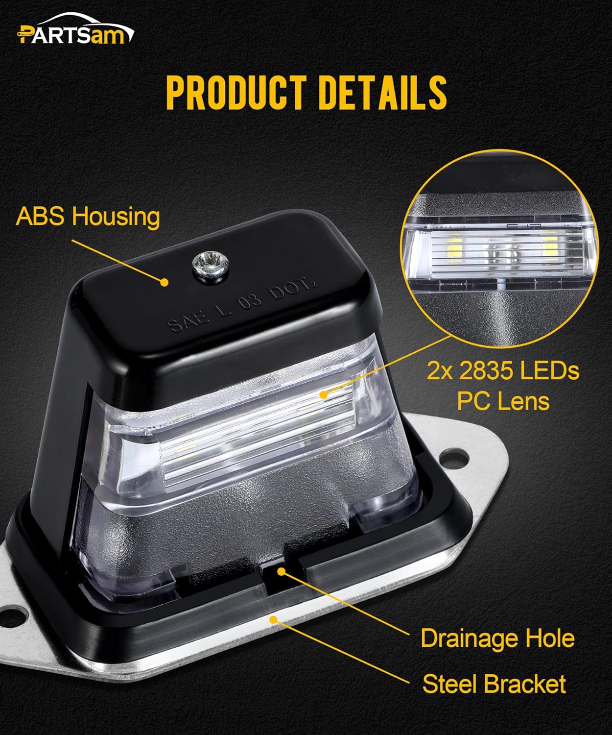Partsam Luz LED para matrícula, impermeable, 12 V CC, con soporte, orificio de drenaje, carcasa de ABS, lente de PC para remolque, camión,