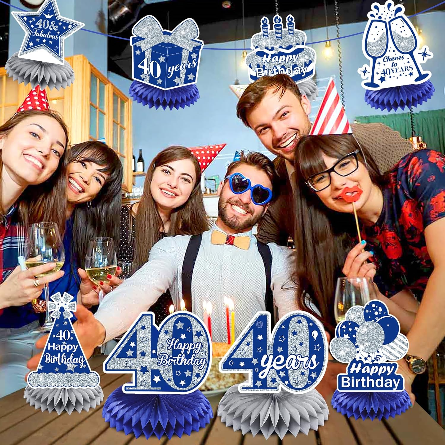 8 piezas de decoración azul para cumpleaños 40, color azul marino y plateado, centros de mesa de nido de abeja para decoración de mesa, decoración