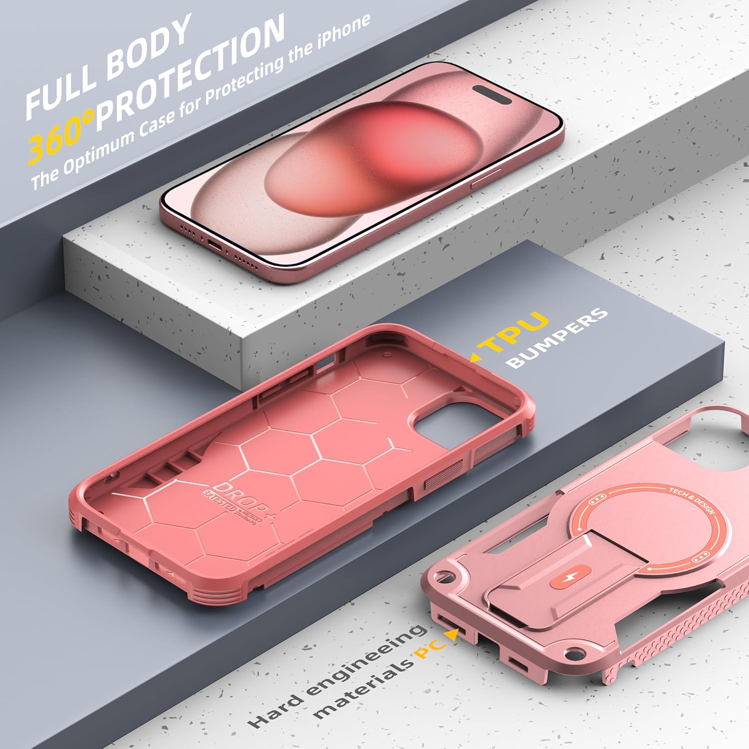 Funda magnética para iPhone 15 con soporte invisible compatible con MagSafe protección contra caídas con borde de TPU suave, parte trasera dura,