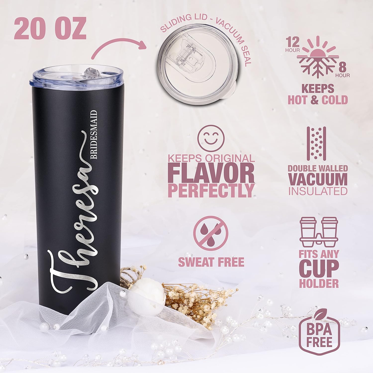 Lily’s Atelier Juego de 5 vasos personalizados para dama de honor, con nombre y título, 8 colores vivos, 5 diseños, vaso delgado grabado de 20 onzas