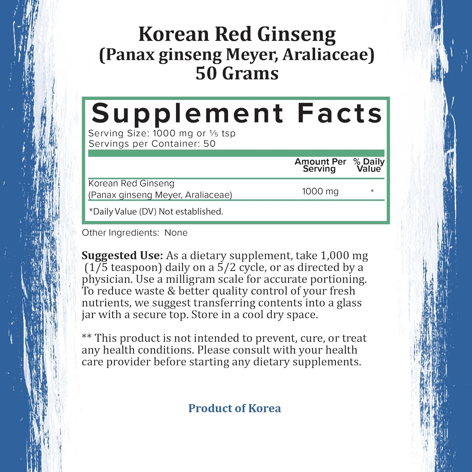 Suplemento de ginseng rojo coreano puro en polvo de Panax Ginseng  Vegano, sin gluten, sin OMG, sin rellenos, rico en ginsenósidos (1.76 oz)