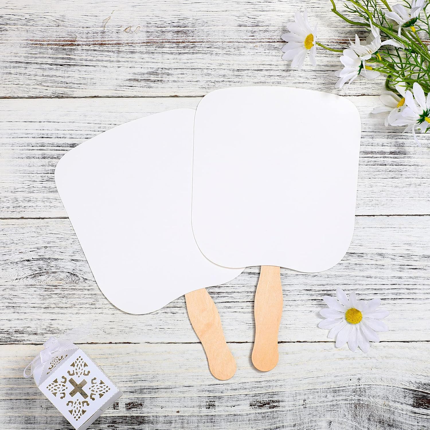 Palitos de madera ondulados, cartulina blanca en blanco, cinta de doble cara, abanicos de iglesia para manualidades, pintura, abanicos de palo,