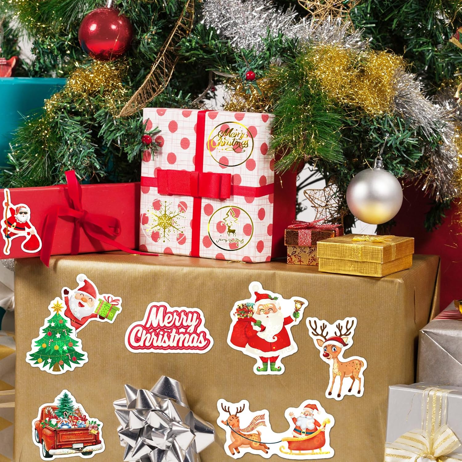 SUNFICON Organizador de maquillaje giratorio con rotación de 360 grados, 50 calcomanías brillantes de Navidad, 500 calcomanías de Navidad doradas