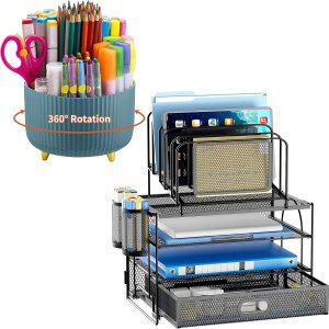 Marbrasse Portalápices giratorio de 360 grados+organizador de archivos de malla para escritorio Marbrasse Portalápices giratorio de 360 grados+organizador de archivos de malla para escritorio