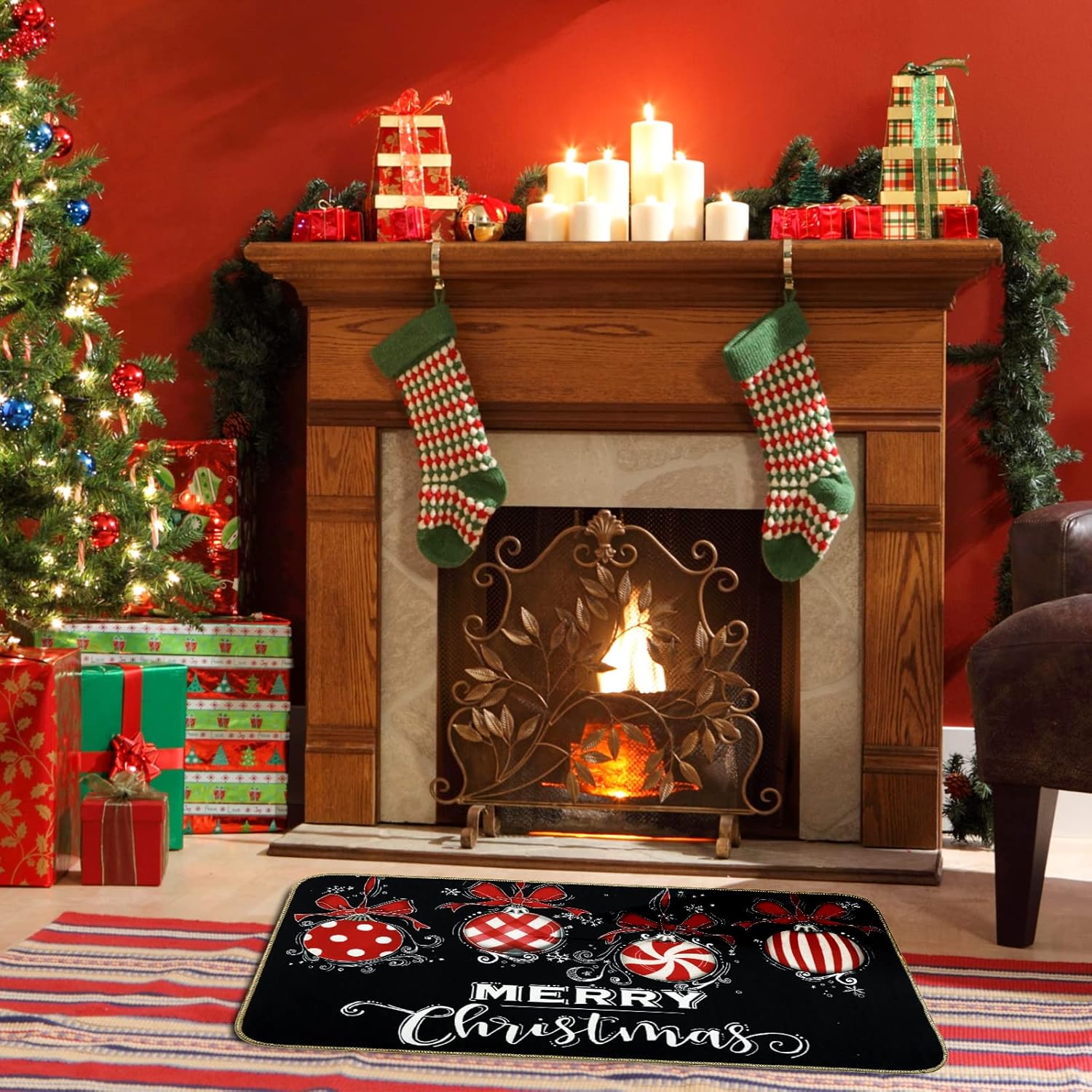 AnyDesign Tapete de puerta de Navidad negro y rojo con parte trasera de goma antideslizante, para interiores y exteriores, para decoración de hogar,