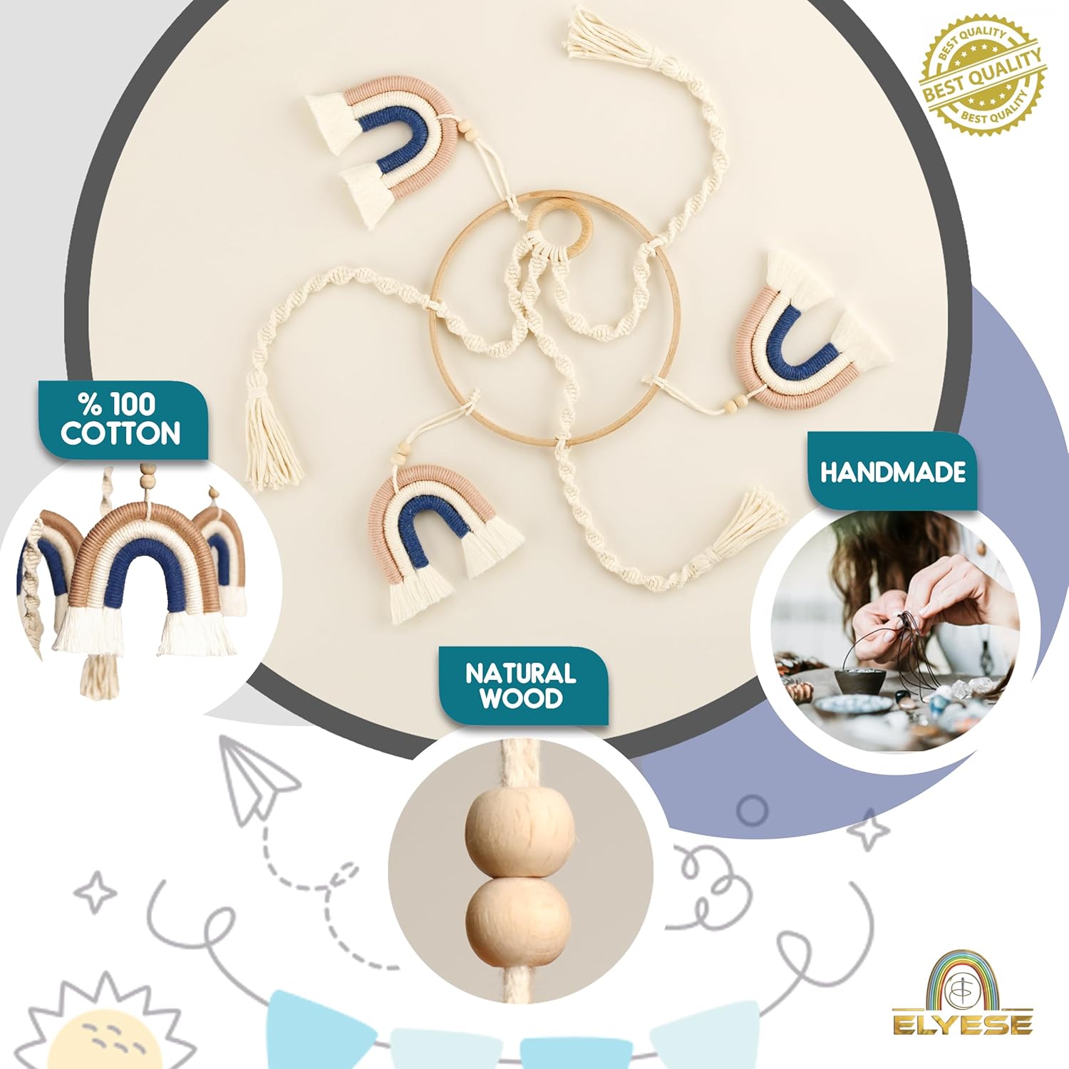 Móvil para cuna, móvil de bebé arcoíris, móvil hecho a mano para cuna, móvil de macramé para cuna, móvil de cuna bohemio, móvil de cuna natural para