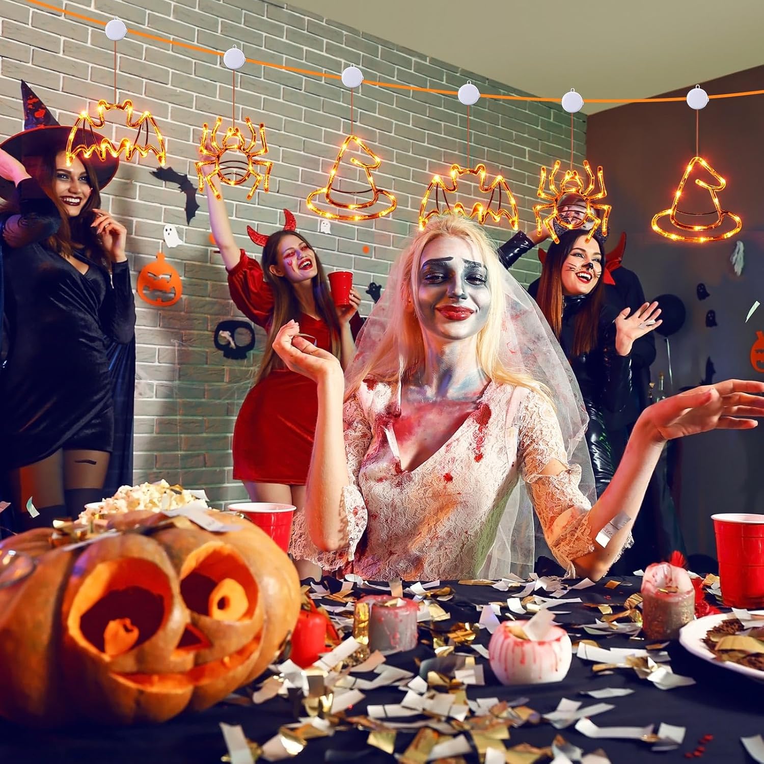 6 luces de Halloween para ventana, luces colgantes de ventana, luces naranjas, araña, fantasma, luces LED naranjas con ventosa para decoración de