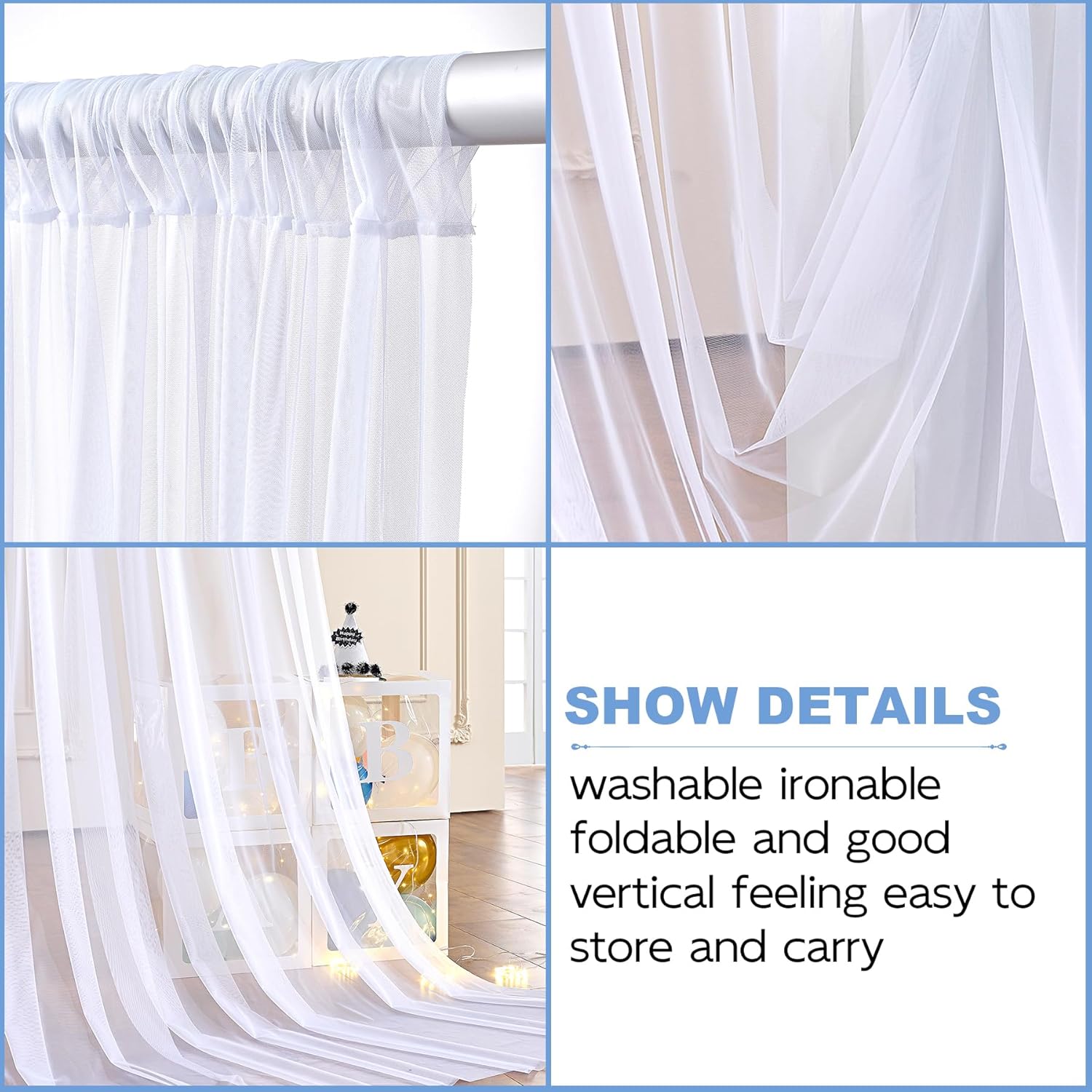 Cortinas de fondo blancas transparentes para bodas, elegantes cortinas de telón de fondo para baby shower, fiestas de 10 x 8 pies