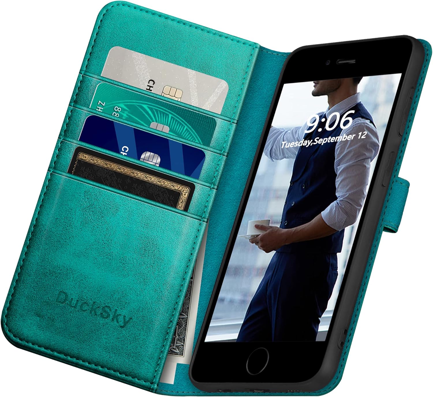 Funda tipo cartera de piel auténtica para iPhone 7 Plus8 Plus bloqueo RFID 4 tarjeteros de créditoCuero auténtico Funda protectora para teléfono con