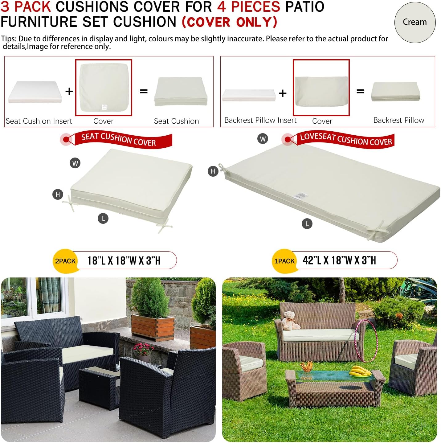 ClawsCover Paquete de 3 fundas de repuesto para cojines de asiento de patio al aire libre para 4 piezas de mimbre de 4 plazas, juego de conversación