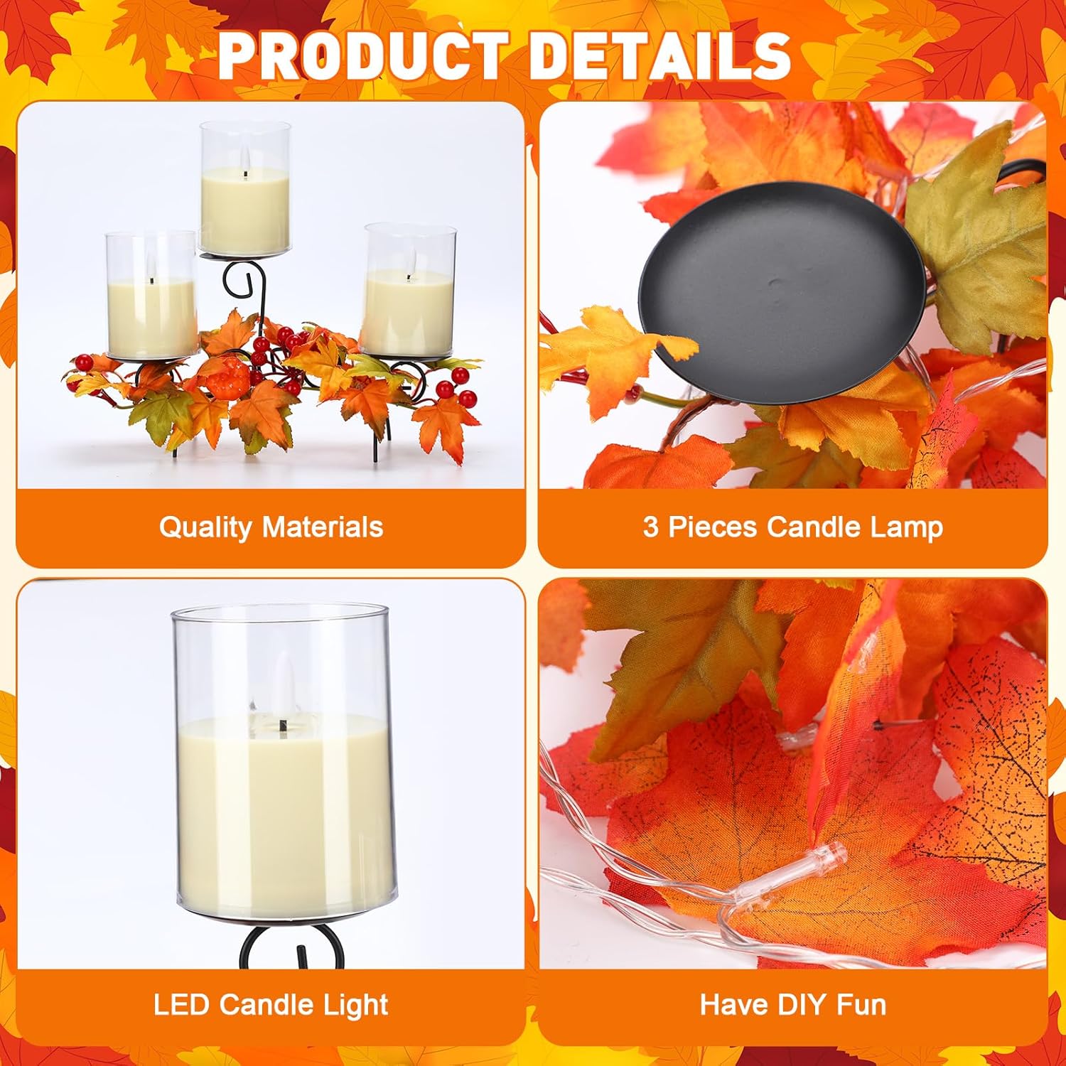 Mifoci Centro de mesa de otoño, portavelas de Acción de Gracias con 3 velas LED y 1 tira de luces, hojas de arce, centro de mesa decorativo de otoño