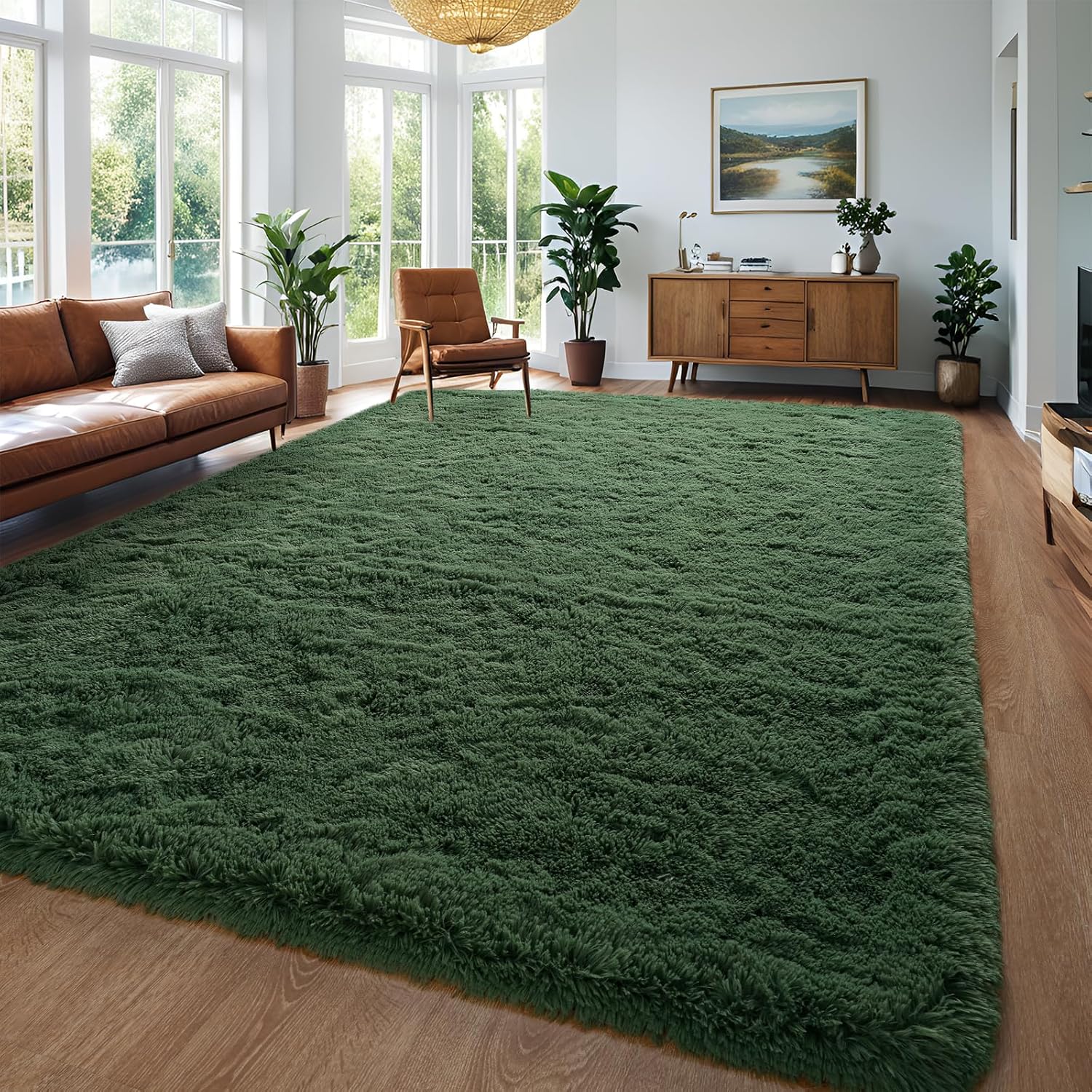 Alfombras de área de color verde oscuro, alfombra mullida para dormitorio, sala de estar, alfombras peludas de interior de 5 x 8 pies, alfombra