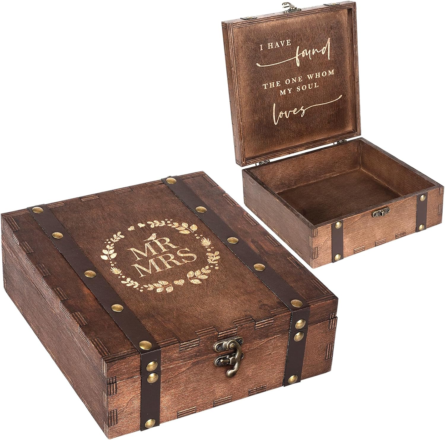 Caja decorativa pequeña con tapa, caja de madera para recuerdos, paquete de 2 cajas de recuerdos de boda para almacenamiento, aniversario, regalos