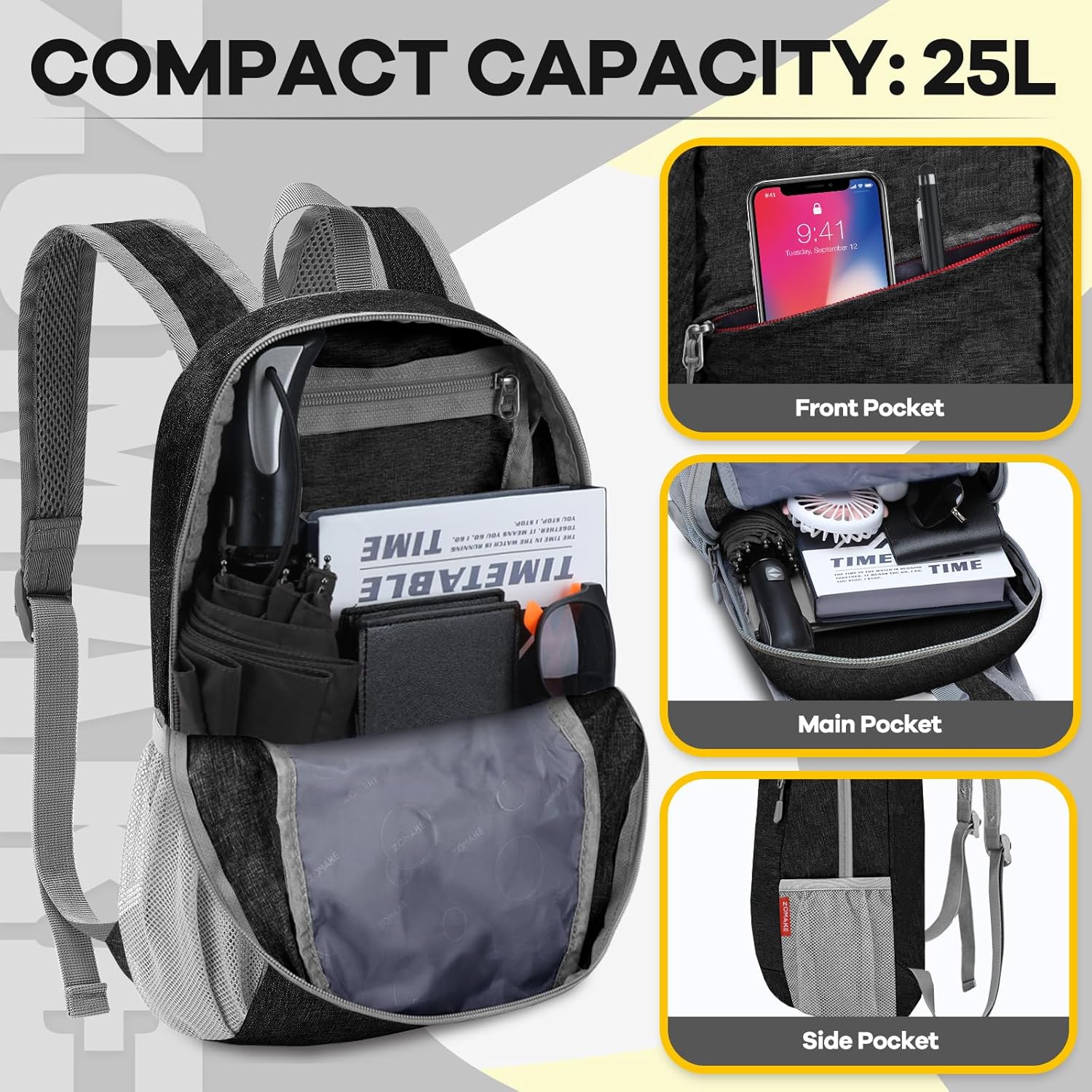 ZOMAKE Mochila de senderismo pequeña de 10 litros para mujeres y hombres, mochila de senderismo ligera y plegable, paquete de día de viaje, Negro -,