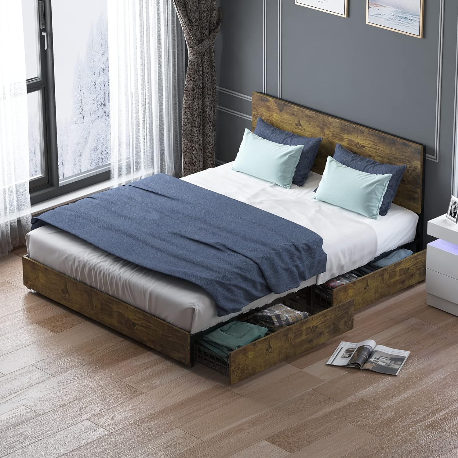ZAFLY Base de cama de plataforma de tamaño matrimonial, marco de cama de madera industrial con cajones de almacenamiento y cabecera de madera,