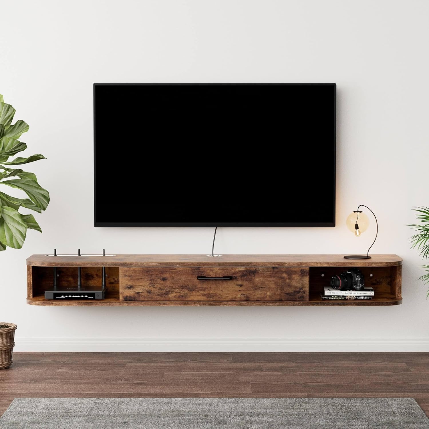 Unidad de TV flotante, mueble de TV montado en la pared de 63 pulgadas, estantes flotantes con puerta, centro de consola multimedia de