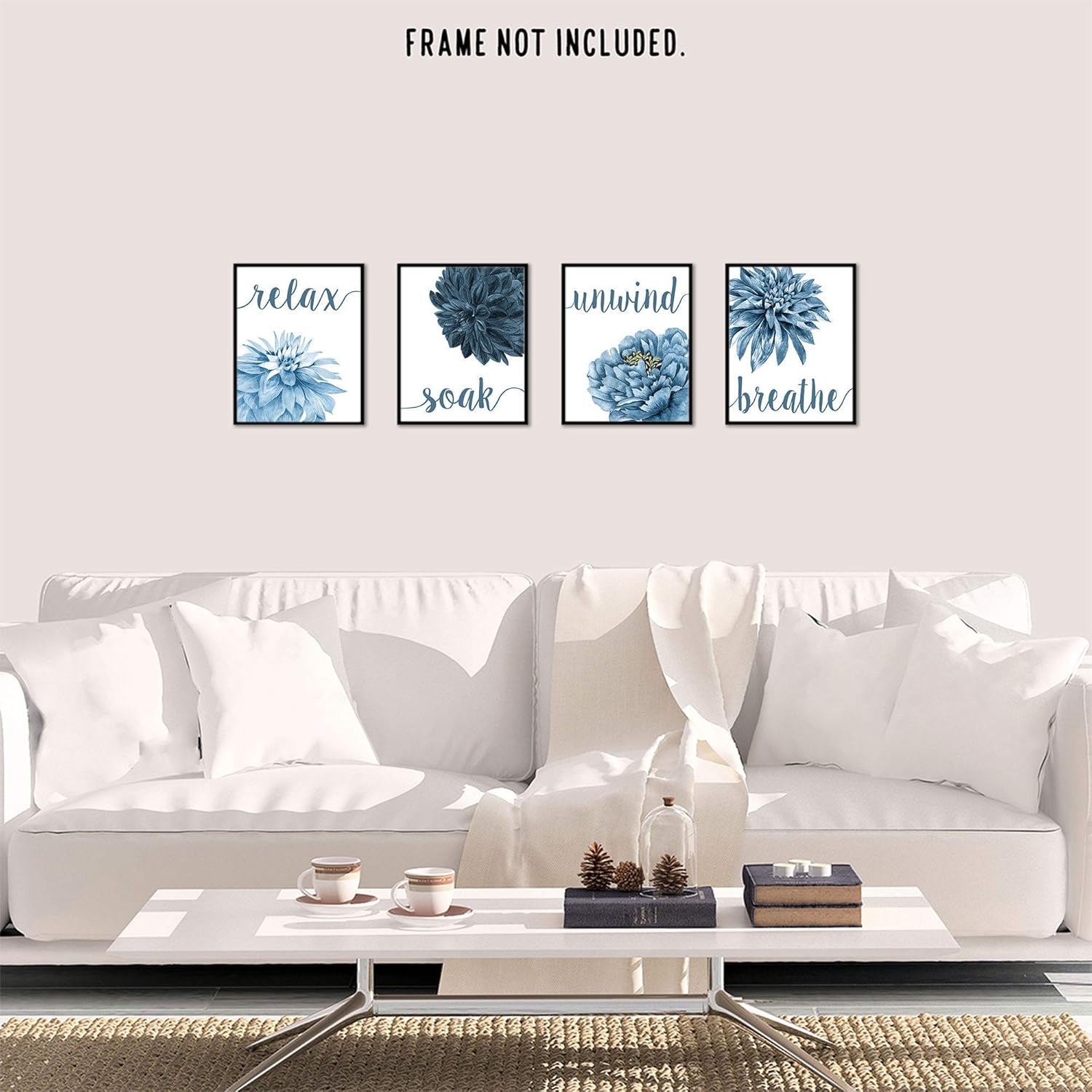 Simplitic Relax Soak Unwind Breathe Blue Blend Floral Prints, 4 (8×10) Unframed Photos, Wall Art Decor Gifts for Home Office Salon Lounge Bathroom
