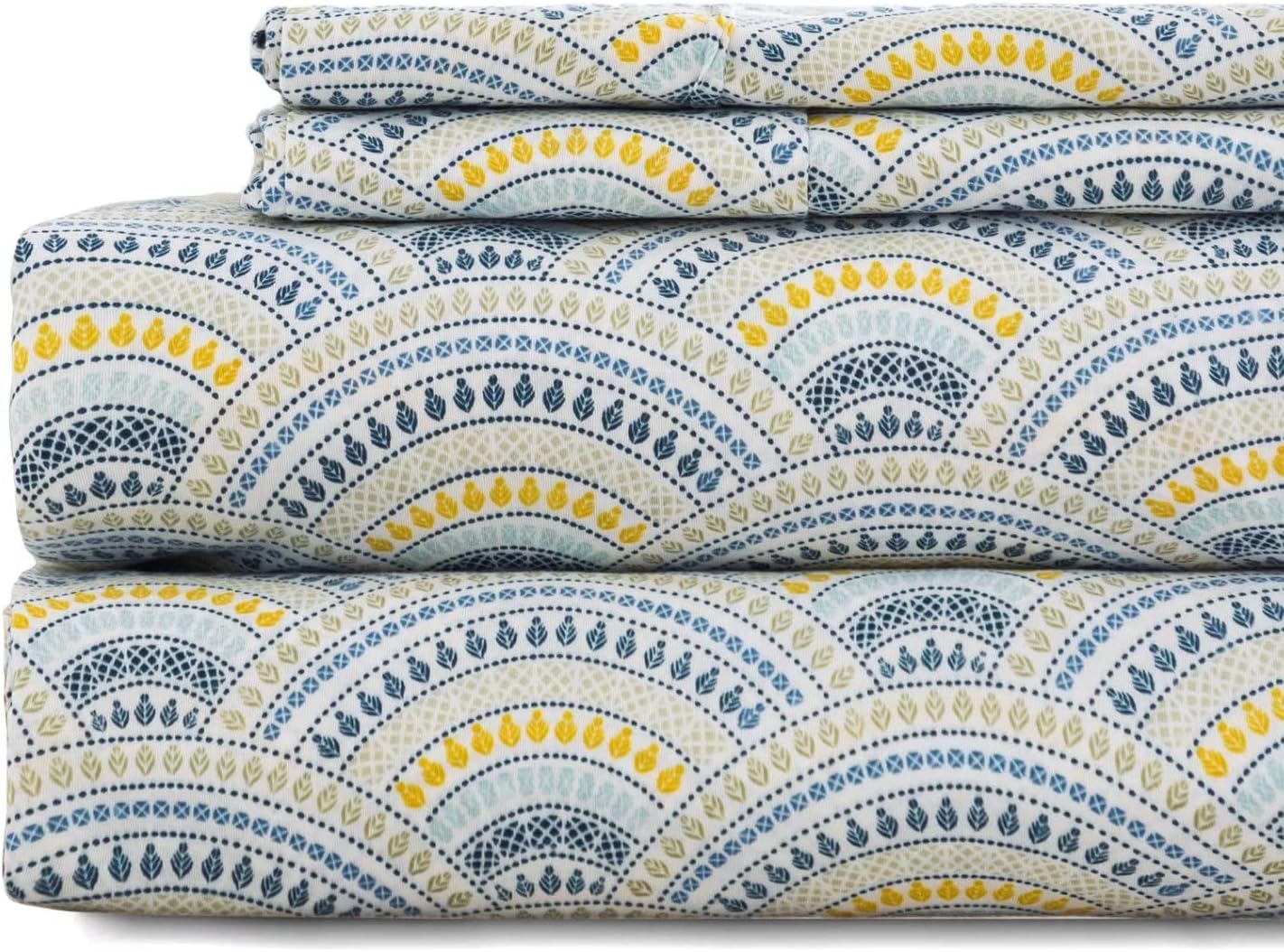 KACEMOO Juego de sábanas tamaño matrimonial de 4 piezas con estampado floral azul bohemio, sábanas de lujo refrescantes de 17 pulgadas de