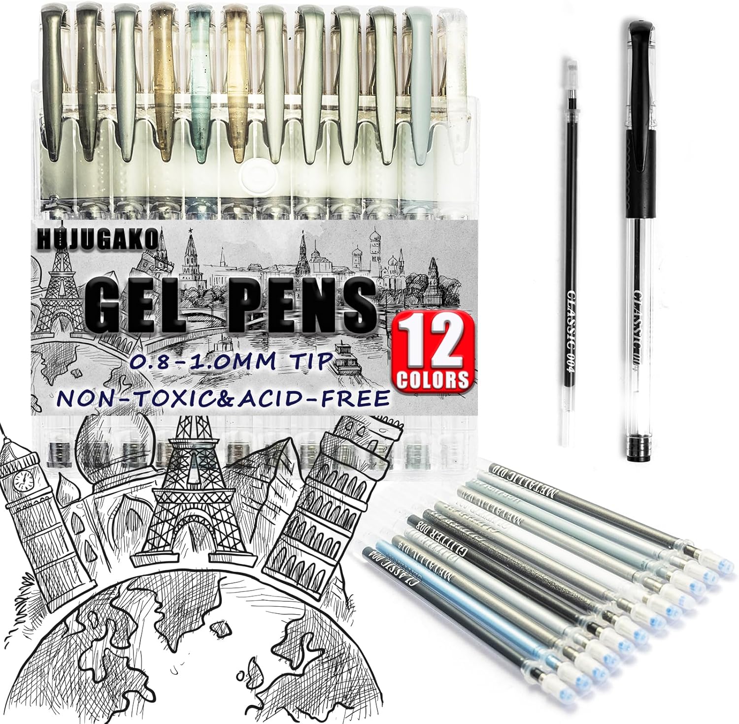 HUJUGAKO Paquete de 24 bolígrafos de gel negro y gris, 12 bolígrafos de gel de colores con 12 repuestos, 40% más de tinta para escribir suavemente