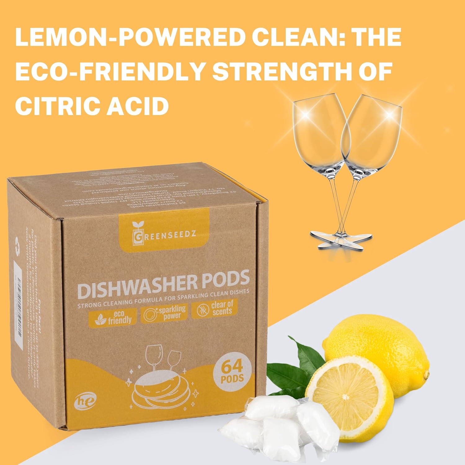 Cápsulas fuertes para lavavajillas, 64 unidades, aroma fresco, fórmula potente para platos limpios y brillantes, compatible con HE