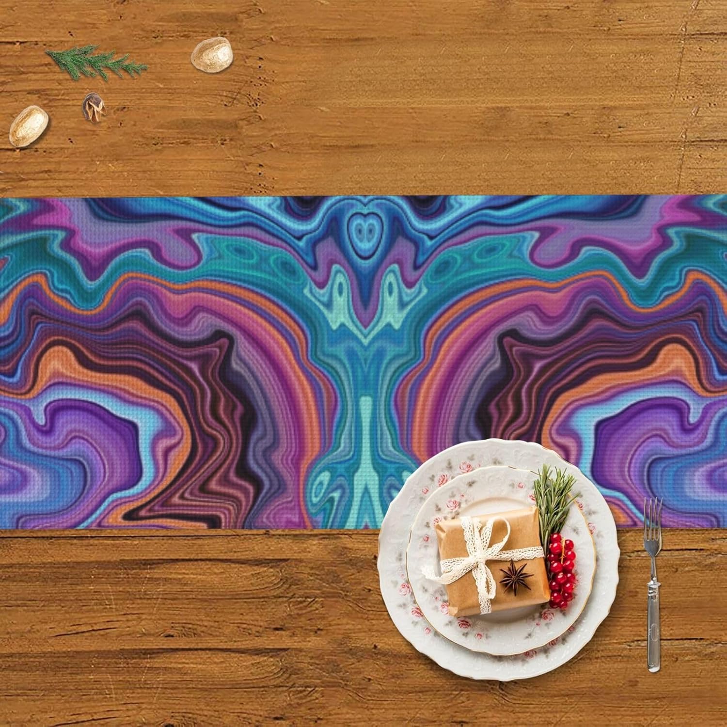 Camino de mesa de Navidad con acuarela de mármol líquido, decoración de mesa de comedor, decoración de Navidad, decoración de interiores del hogar,