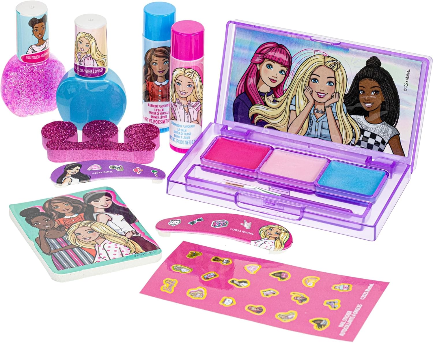 Barbie – Juego de mochila rellena de maquillaje Townley Girl con 12 piezas, incluye bálsamo labial, esmalte de uñas, lima de uñas, lazos para el