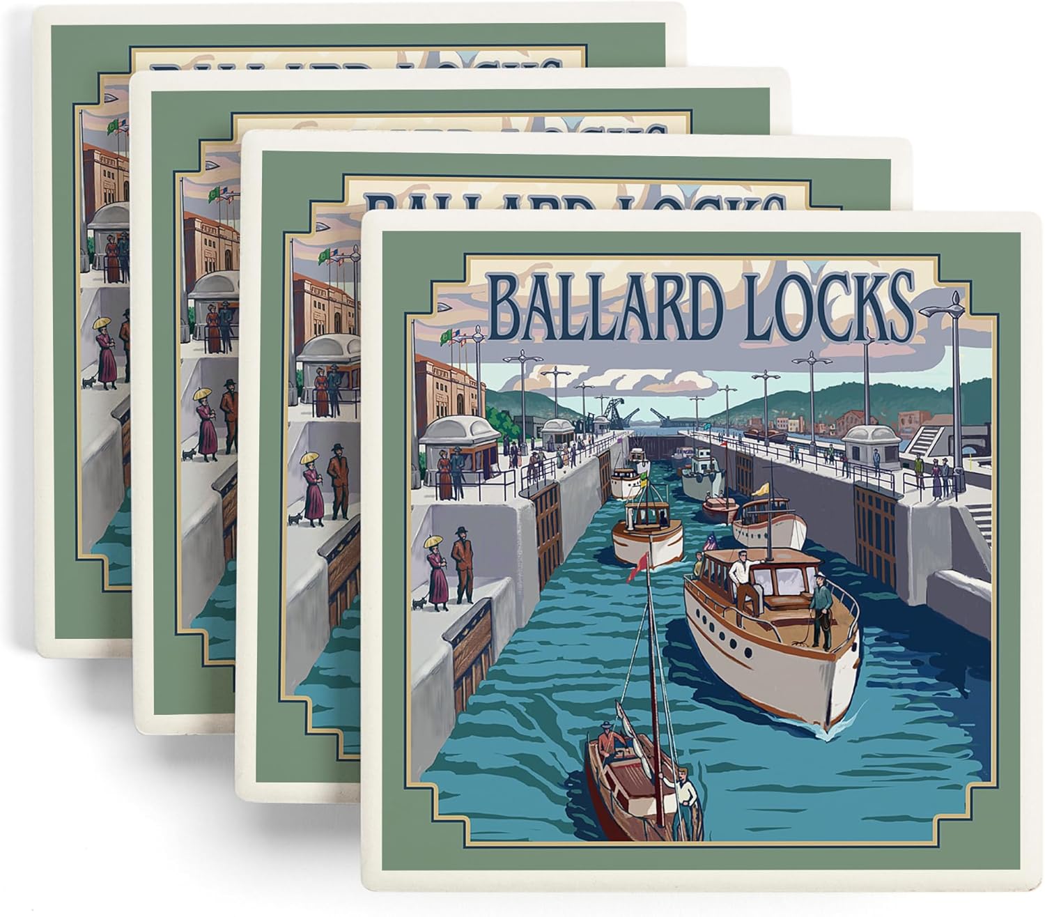 Seattle, Washington, Ballard Locks (juego de 4 posavasos absorbentes de cerámica a juego, parte trasera de corcho, decoración de mesa de cocina)