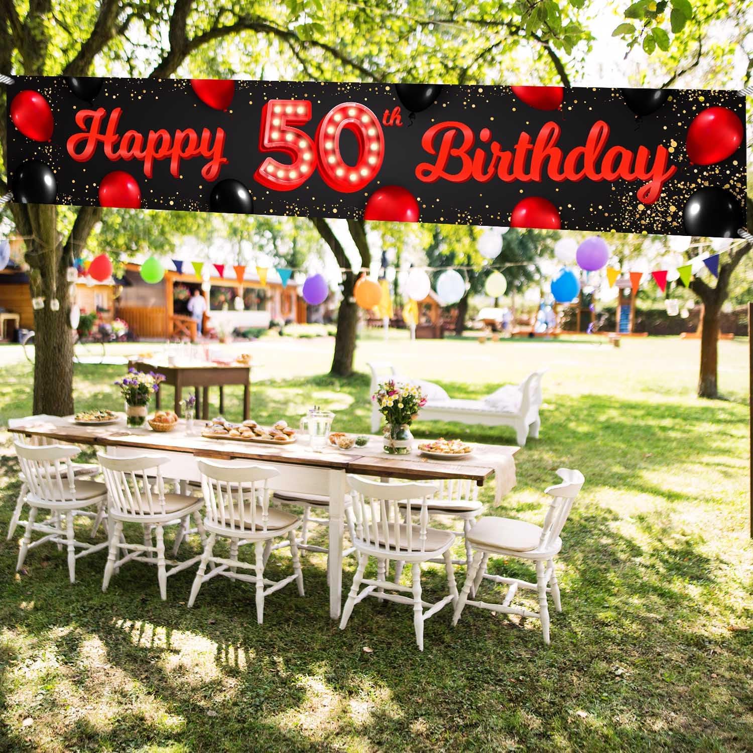 Cartel de feliz cumpleaños número 50 color rojo y negro, globos para decoración temática para patio, jardín, niñas, mujeres, princesas de 50 años,