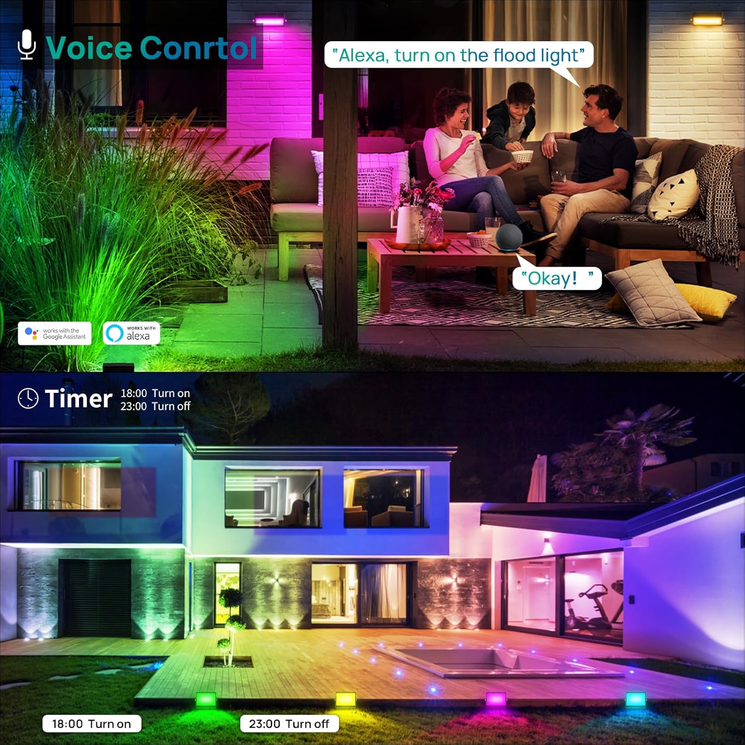 USTELLAR RGBW – Luz de inundación para exteriores, luces inteligentes WiFi para exteriores que cambian de color + blanco cálido 2700K, control total