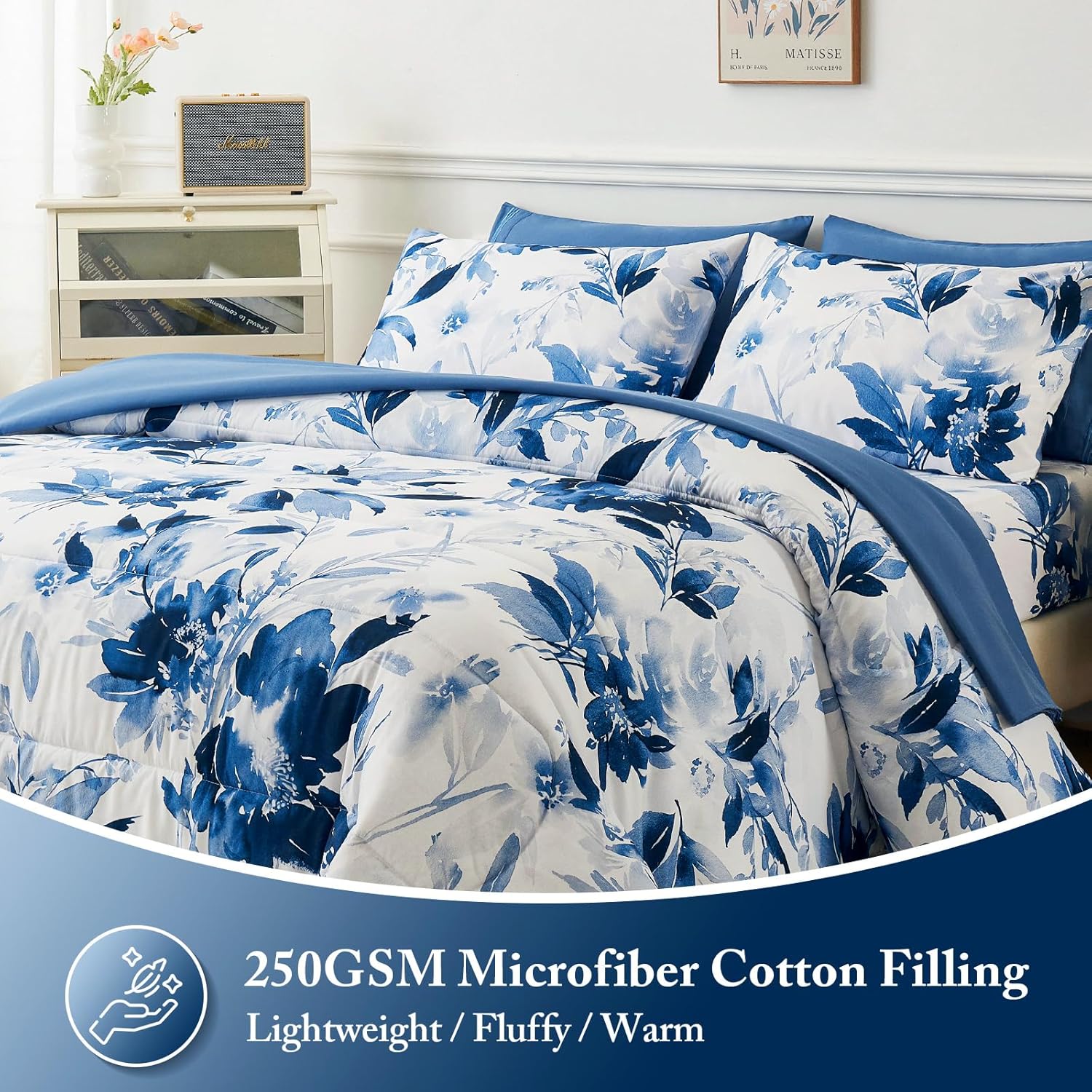 YIYEA Juego de edredón tamaño King  Estampado floral  7 piezas de cama en una bolsa  Juegos de ropa de cama para todas las estaciones con edredón,