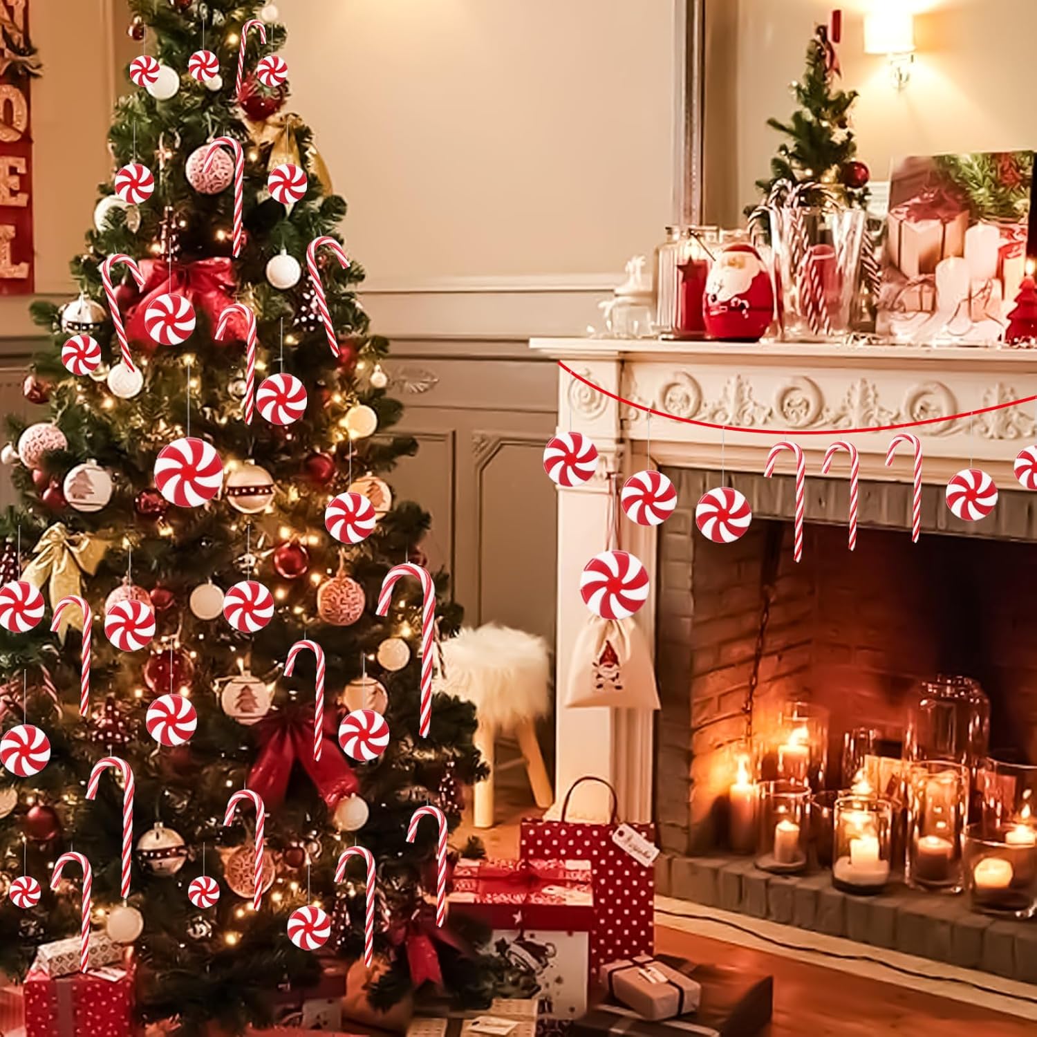 48 adornos de bastón de caramelo, adornos colgantes de Navidad, decoraciones de árbol de Navidad, adornos de plástico para muletas trenzadas para