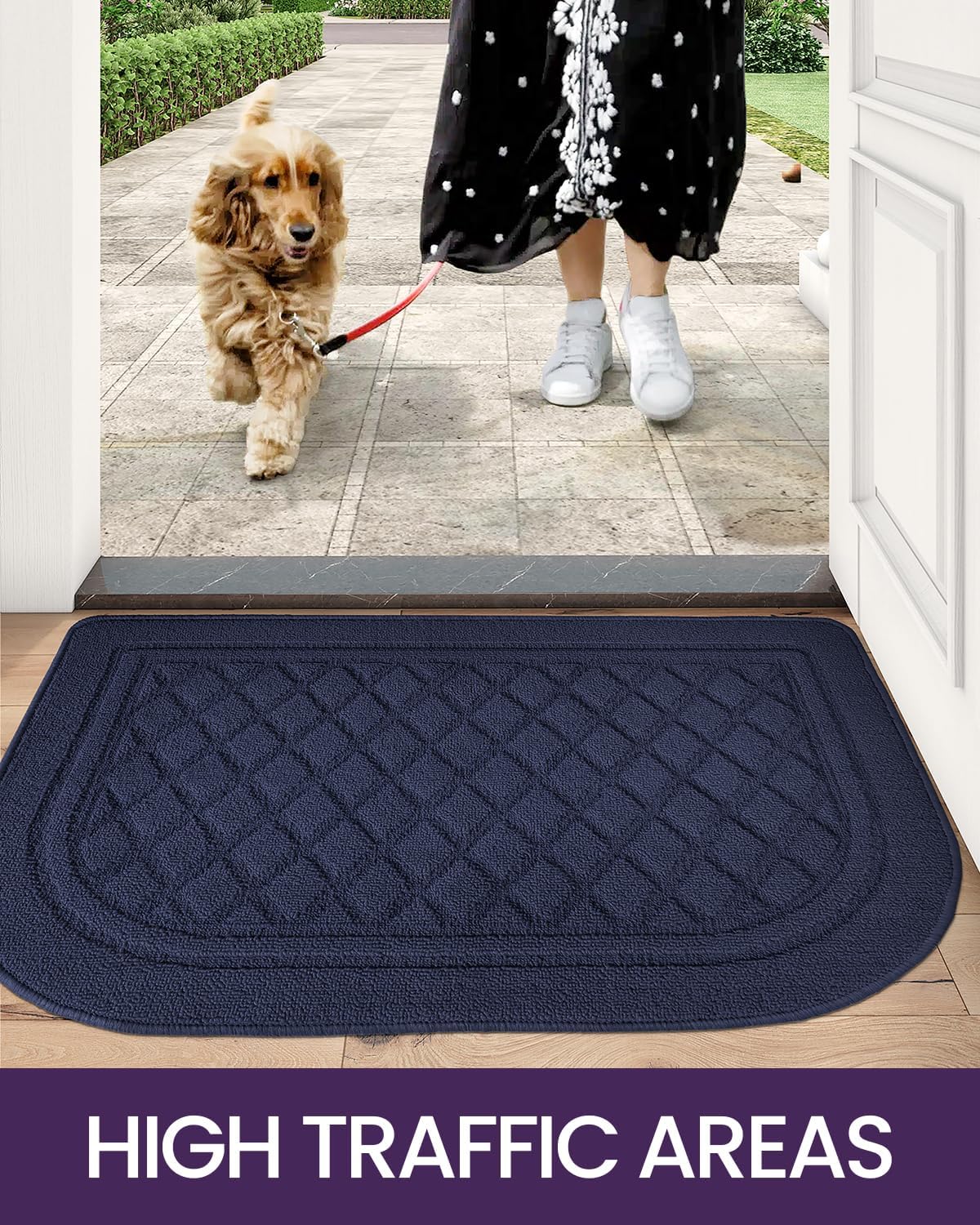 DEXI Tapete para puerta de interior, de perfil bajo, antideslizante, lavable, medio redondo, para entrada, cocina, 24 x 36 pulgadas, color azul