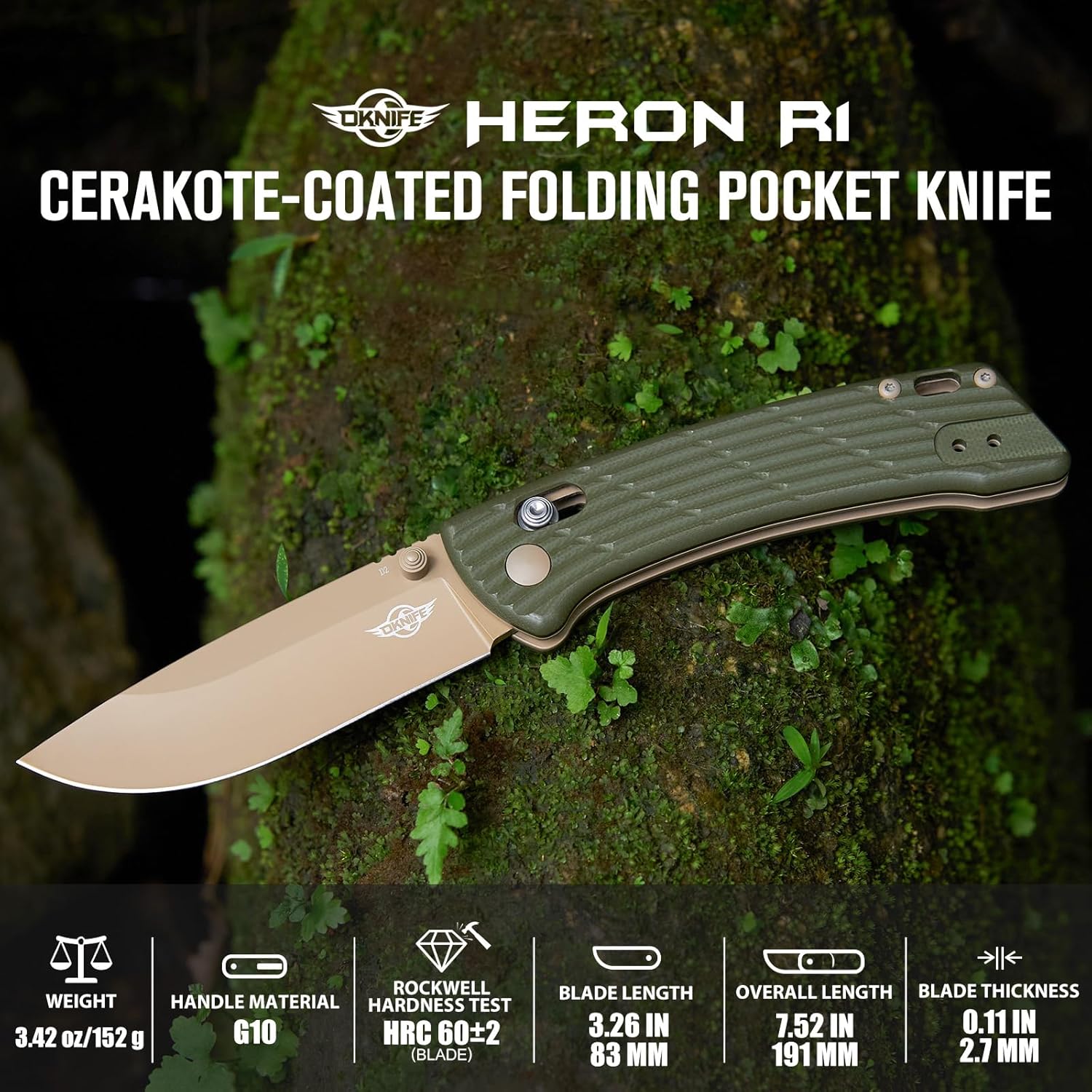 OKNIFE Heron R1 – Cuchillo de bolsillo plegable, cuchillo de bloqueo de eje con hoja D2 recubierta de cerakote de 3.26 pulgadas, mango G10, abridor