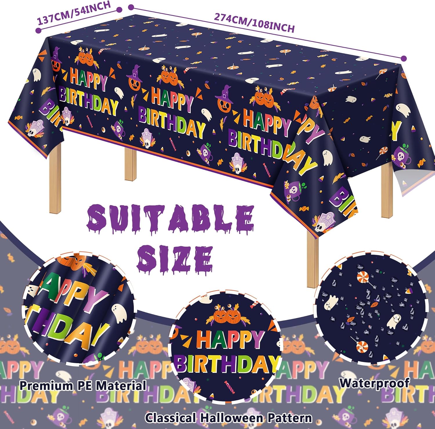 Juego de 202 piezas de vajilla desechable para fiesta de cumpleaños de Halloween, color morado, para 24 platos de calabaza, tazas, manteles de