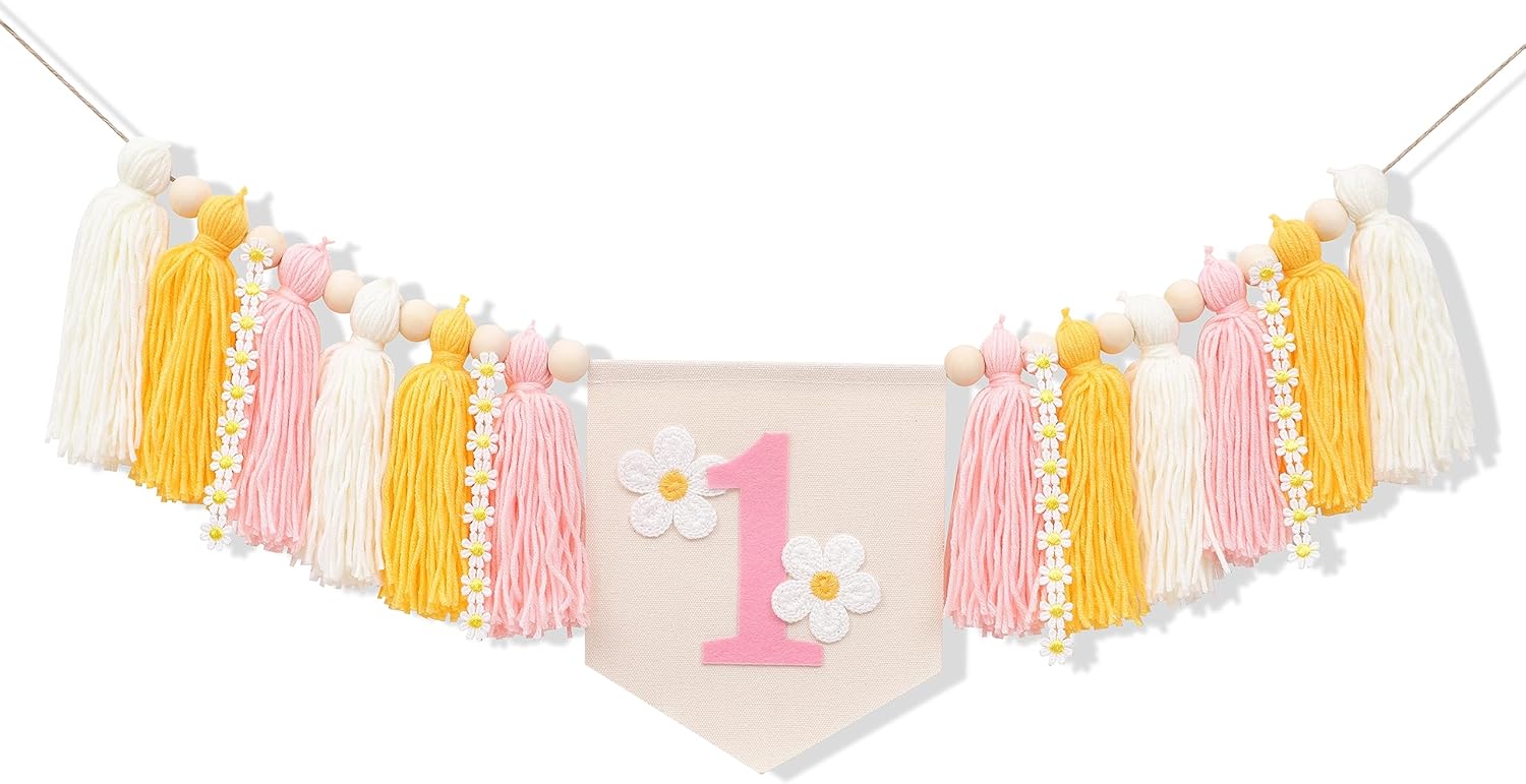 Cartel de margarita para silla de bebé de primer cumpleaños, pancarta de hilo rosa con borlas, guirnalda de pastel para niña, decoración bohemia de