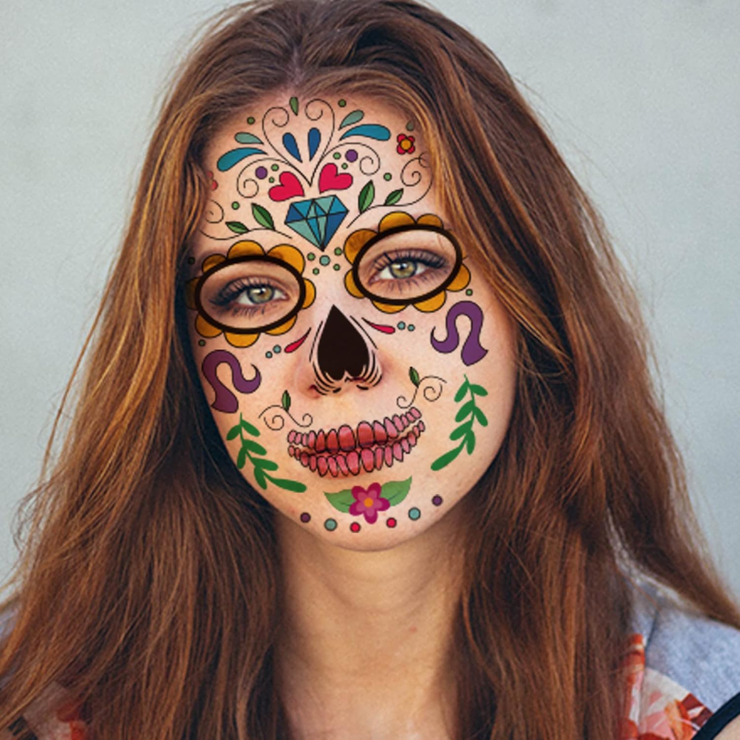 18 hojas de tatuajes temporales del día de los muertos, calavera de azúcar para adultos, esqueleto falso, rosas rojas, tatuajes de Halloween,