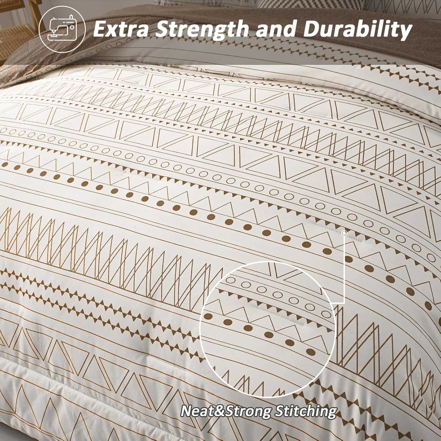 WONGS BEDDING Juego de edredón marrón bohemio de 7 piezas para cama Queen en una bolsa, edredón geométrico a rayas, reversible, juego de ropa de