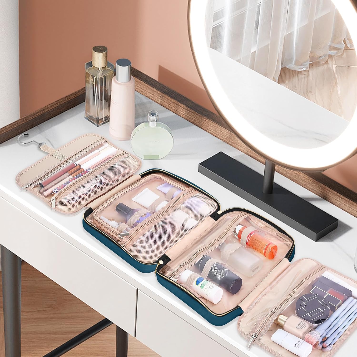 Wedama Neceser para mujer, bolsa de viaje grande para cosméticos, bolsa de aseo colgante para baño, bolsa de maquillaje impermeable de PVC grueso,