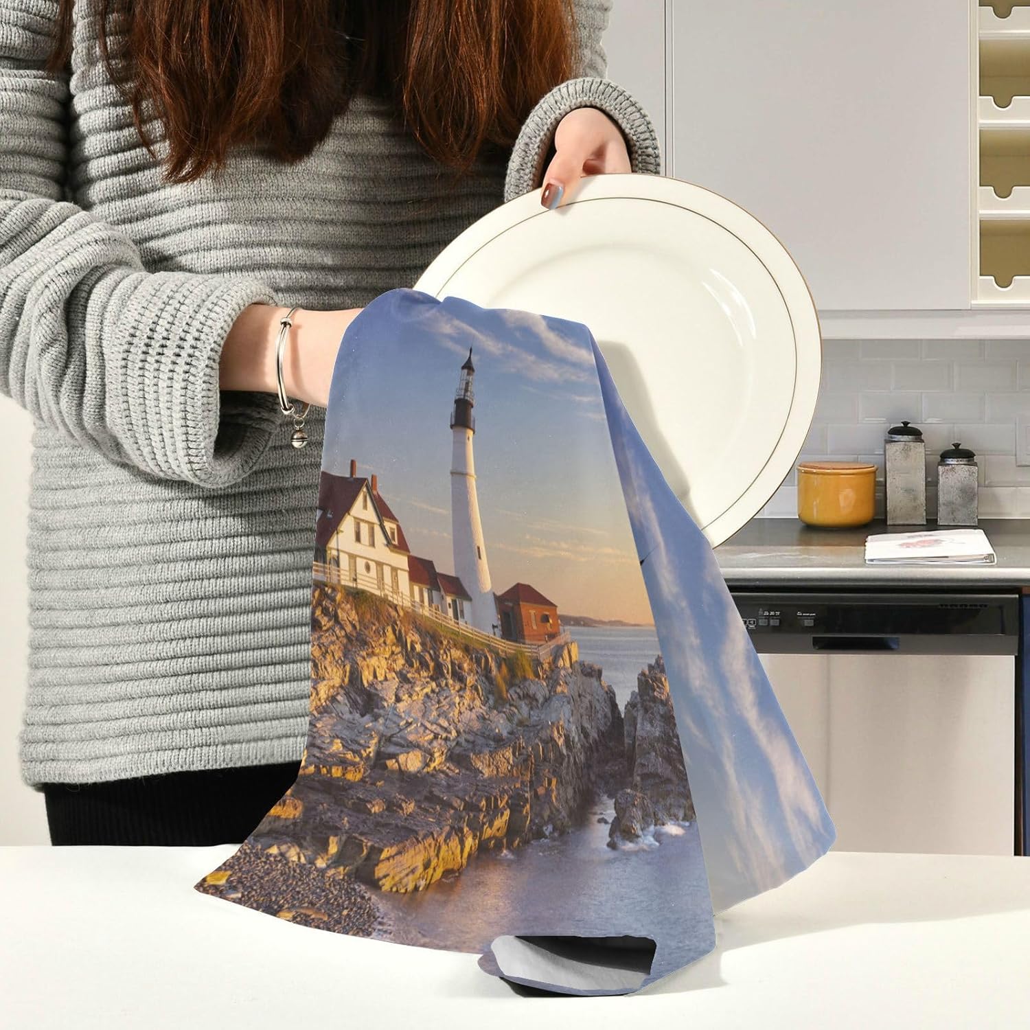 Paquete de 4 hermosos paños de cocina Lighthouse altamente absorbentes, súper suaves, de 18 x 28 pulgadas, reutilizables, de secado rápido, juego