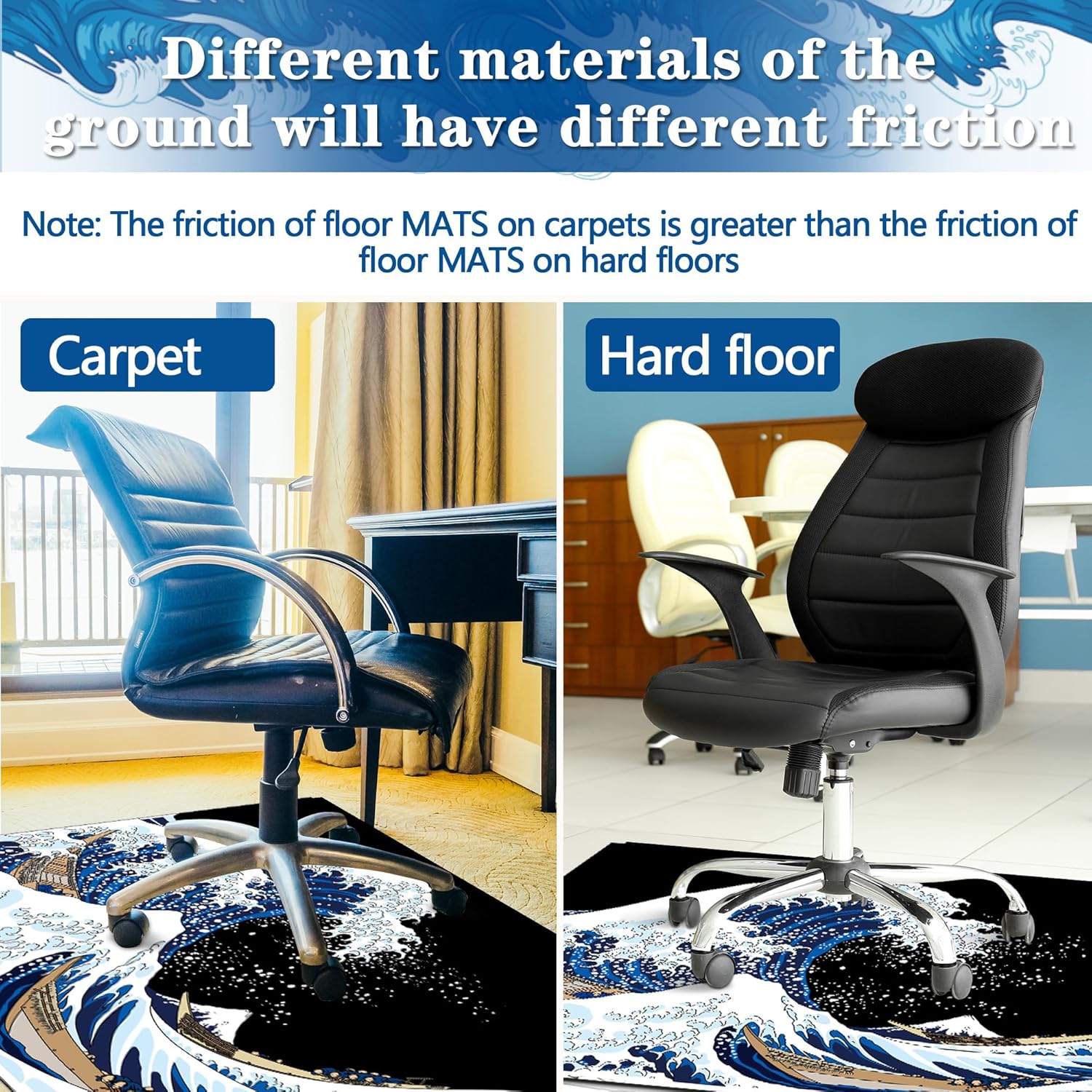 Tapete para silla de oficina para alfombra, tapete para silla de escritorio para alfombra, olas japonesas, tapete para silla de oficina de mar,